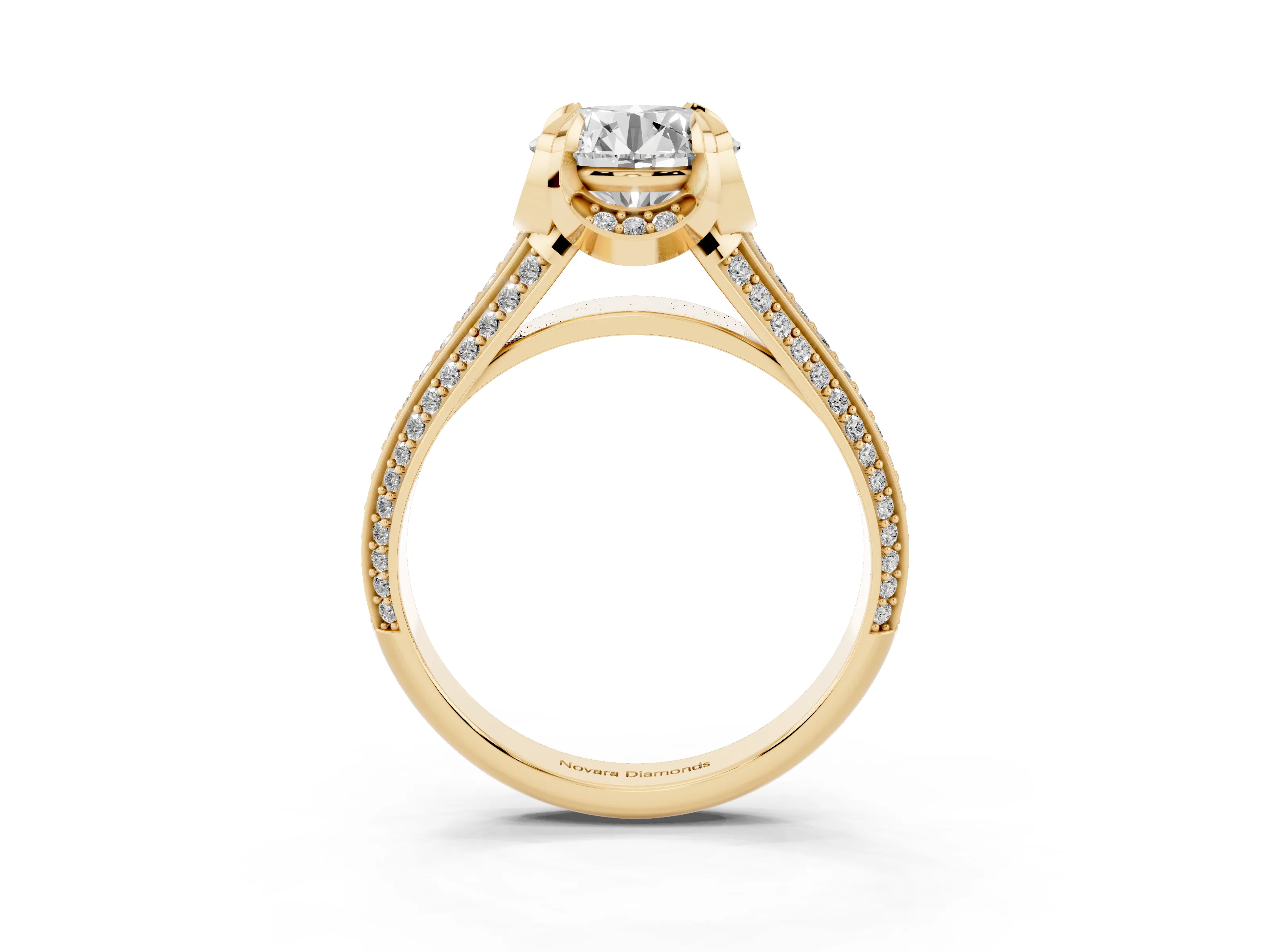 Round Cut Diamond Pavé Split Shank Solitaire Ring Set in Yellow gold with Prong Setting