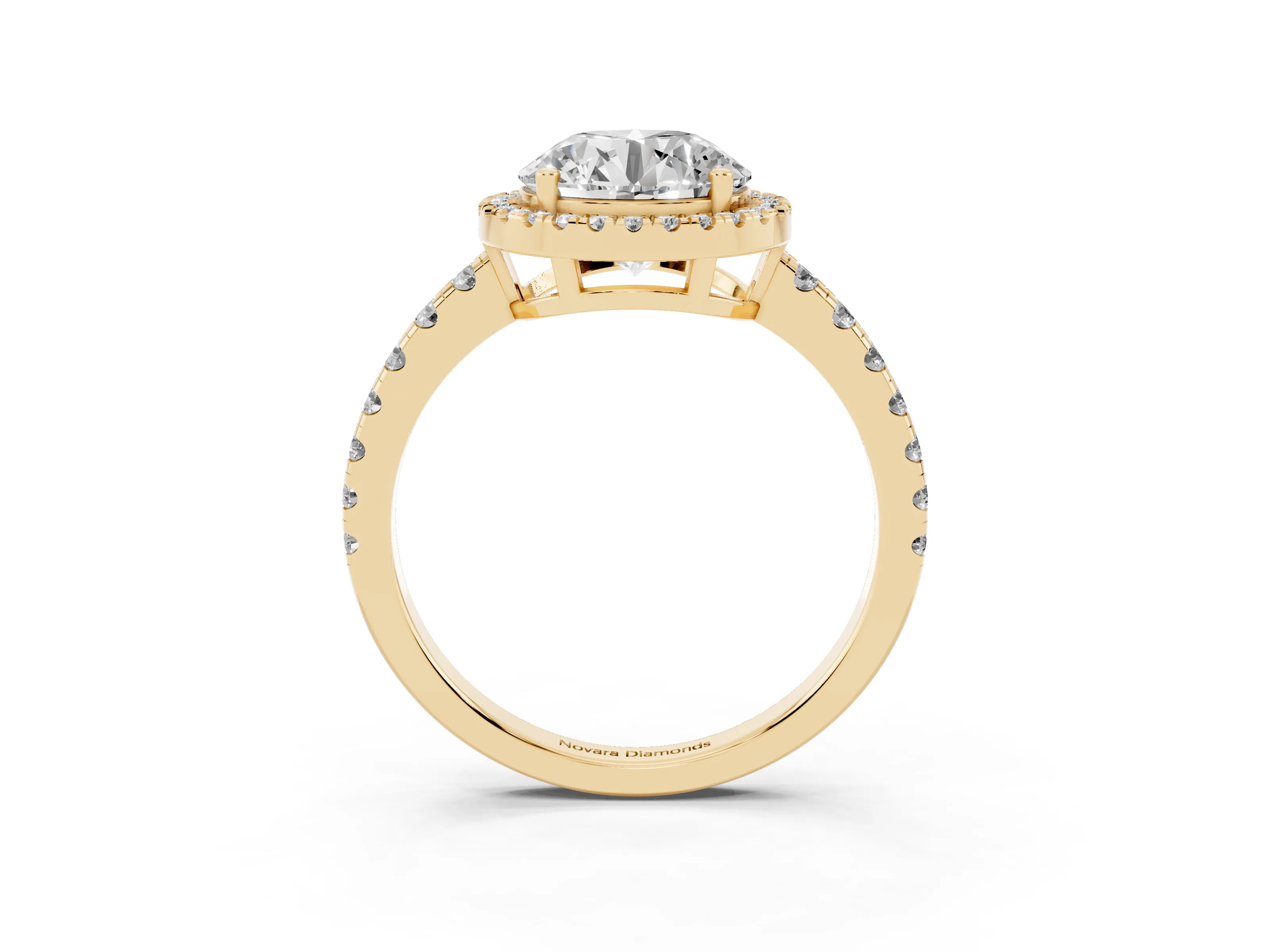 Round Cut Diamond Halo Ring Set in Yellow gold with Delicate Pavé Band and Prong Setting