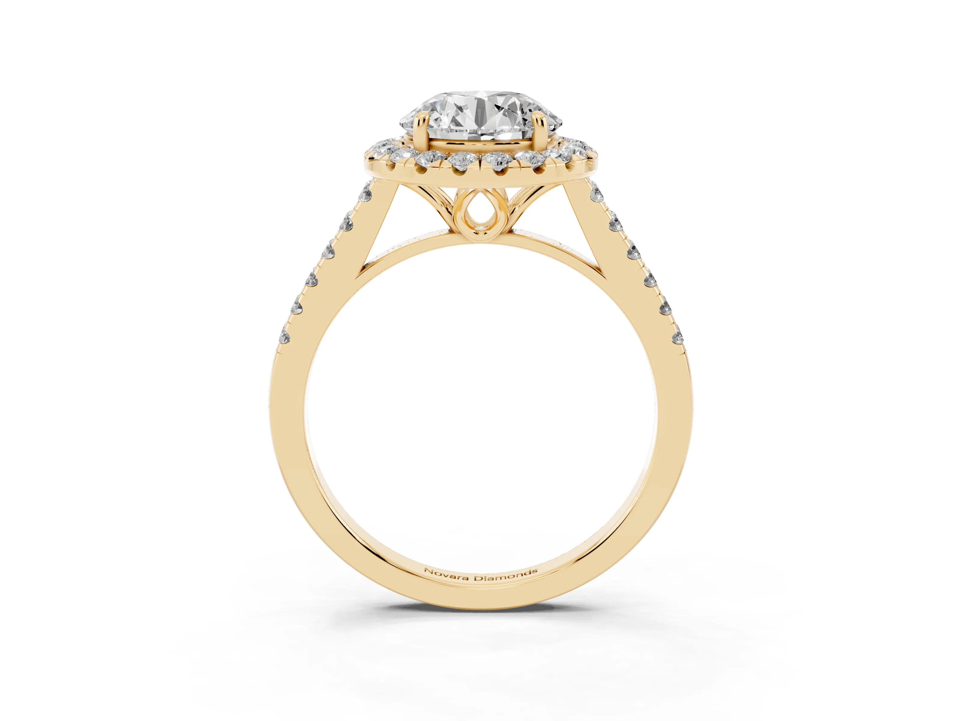 Round Cut Diamond Pavé Halo Engagement Ring Set in Yellow gold with Pavé Band and Prong Setting