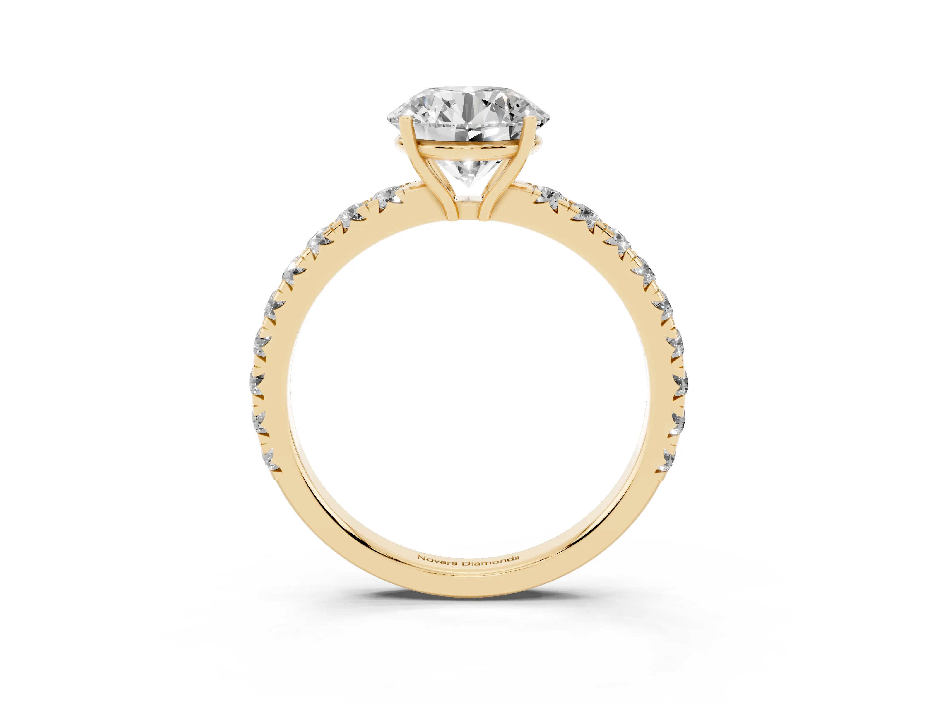 Round Cut Diamond Pavé Solitaire Engagement Ring Set in Yellow gold with Prong Setting