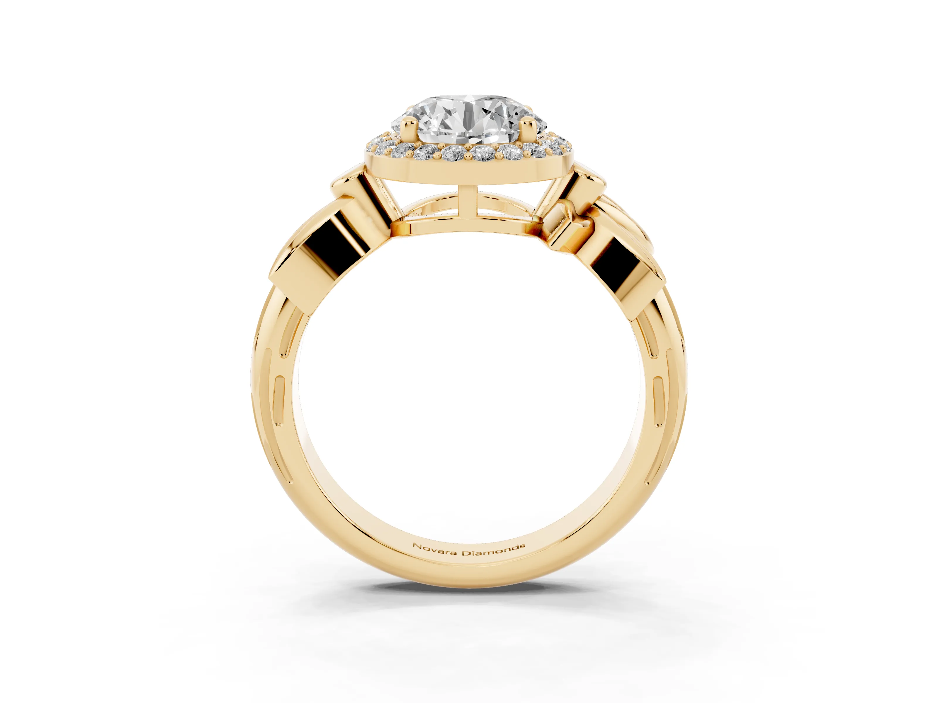Round Cut Diamond Halo Floral Band Ring Set in Yellow gold with Prong Setting
