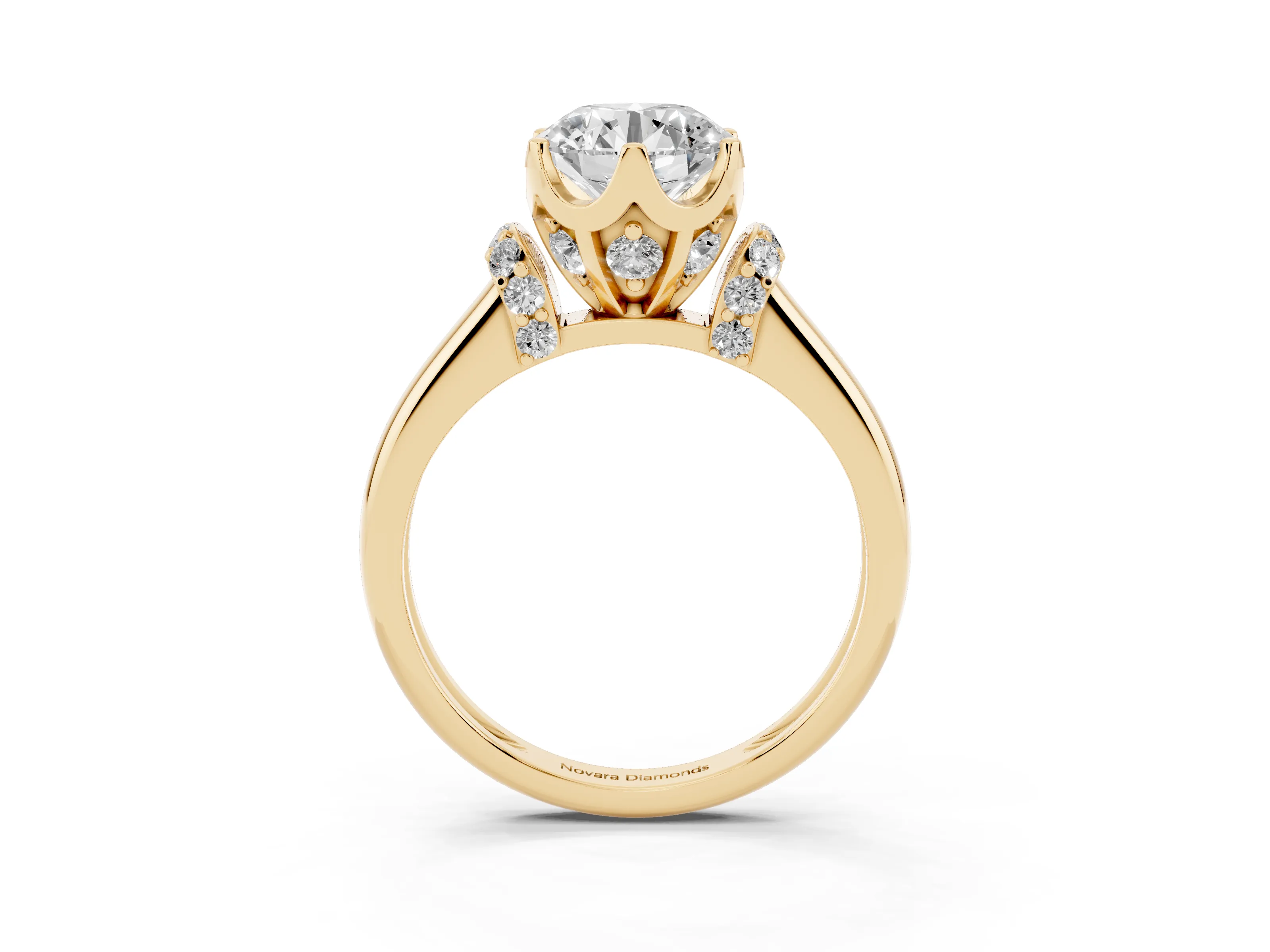 Round Cut Diamond Cathedral Solitaire Engagement Ring Set in Yellow gold with Pavé Accents