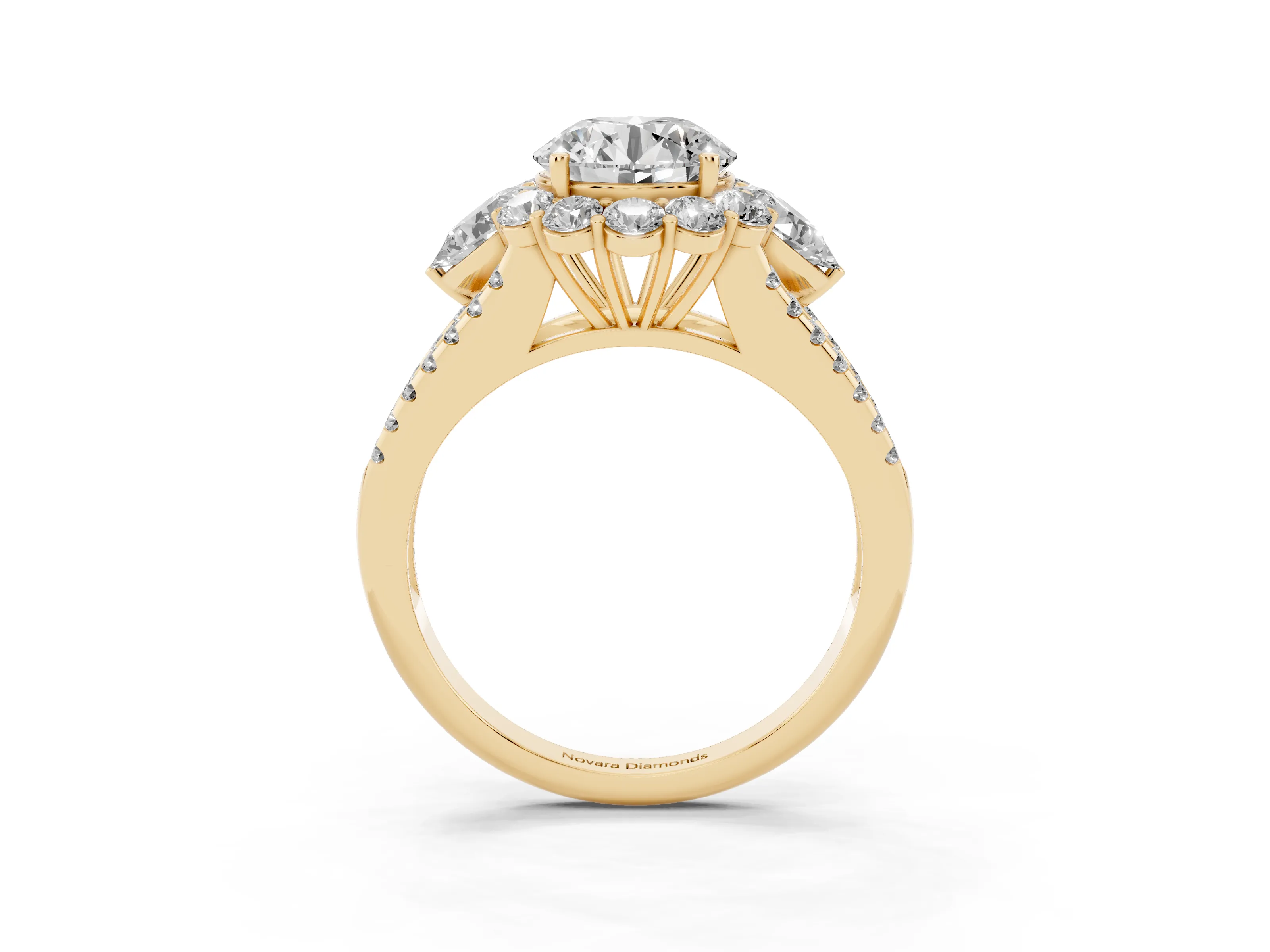 Round Cut Diamond Halo Split Shank Engagement Ring Set in Yellow gold with Prong-Held Center Stone