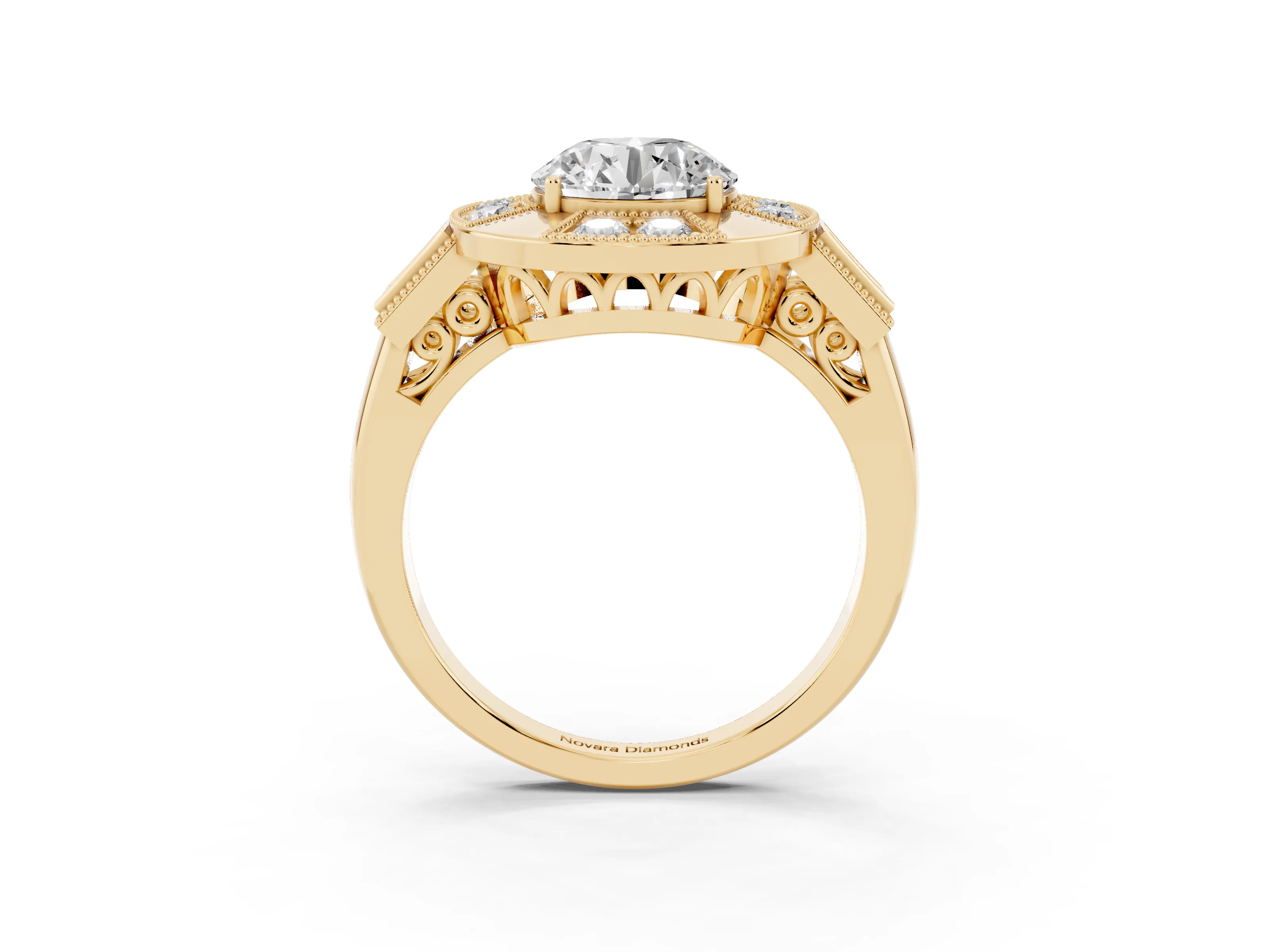 Round Cut Diamond Milgrain Halo Ring Set in Yellow gold with Split Shank