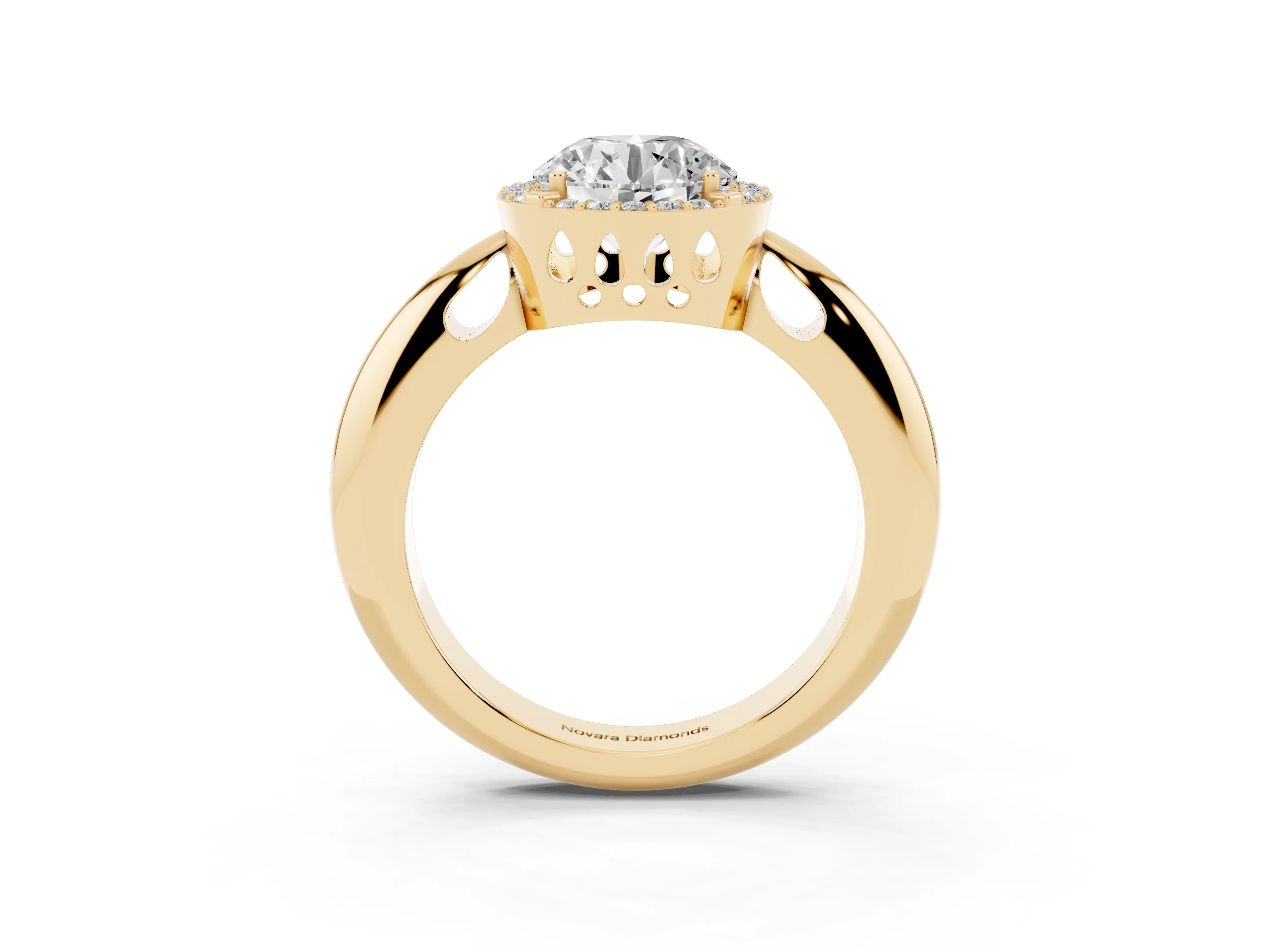 Round Cut Diamond Halo Engagement Ring Set in Yellow gold with Plain Split Shank and Prong Setting