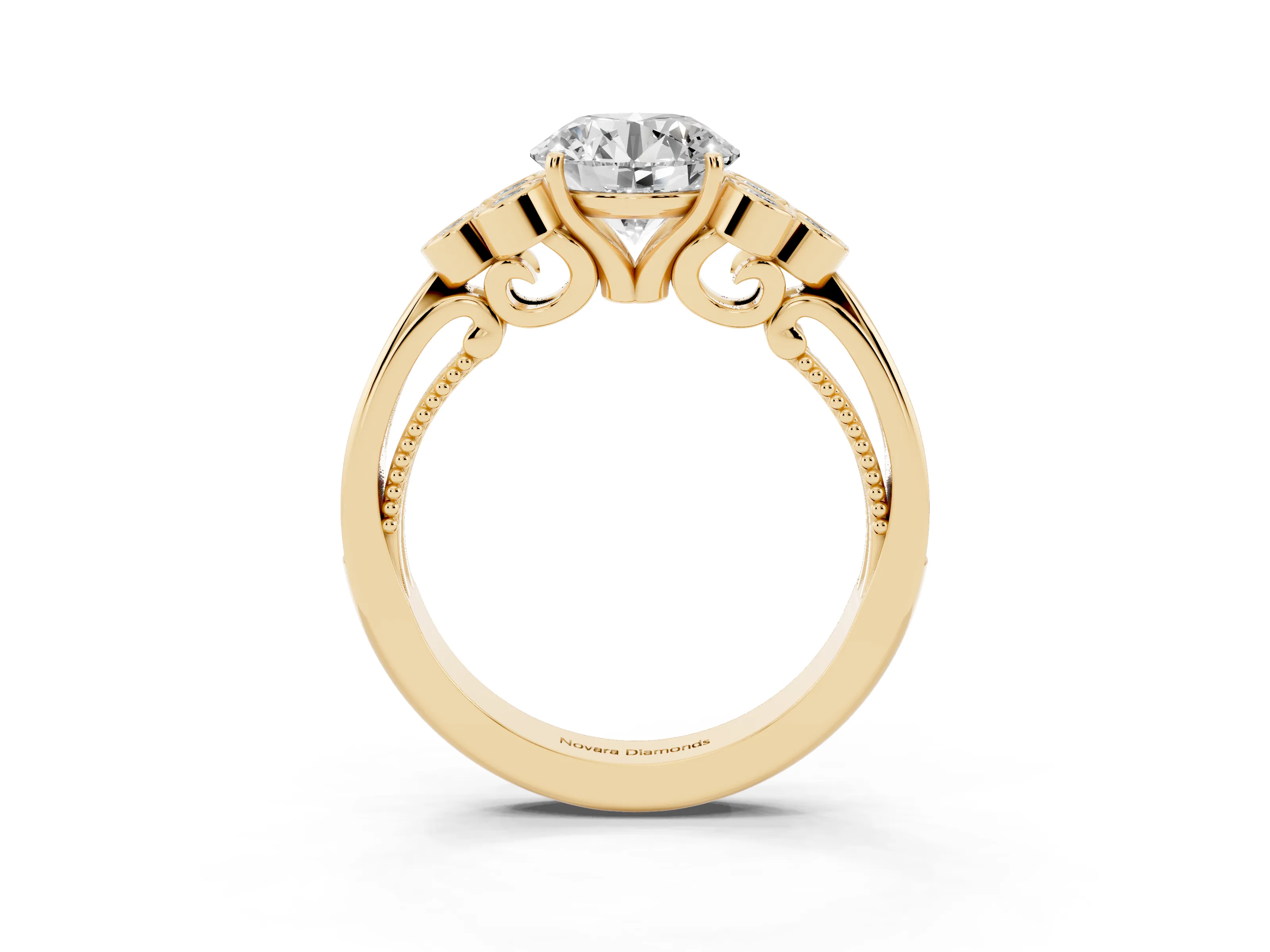 Round Cut Diamond Engagement Ring Set in Yellow gold with Bezel Set Round Side Stones and Prong Setting