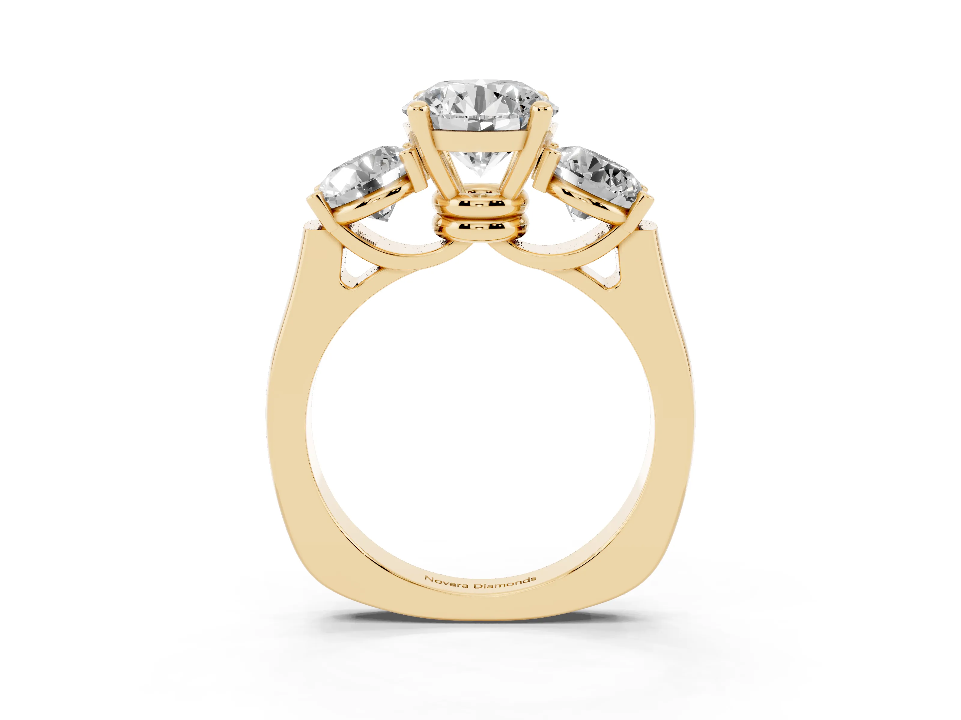 Round Cut Diamond Three-Stone Trellis Ring Set in Yellow gold with Comfort Fit Band