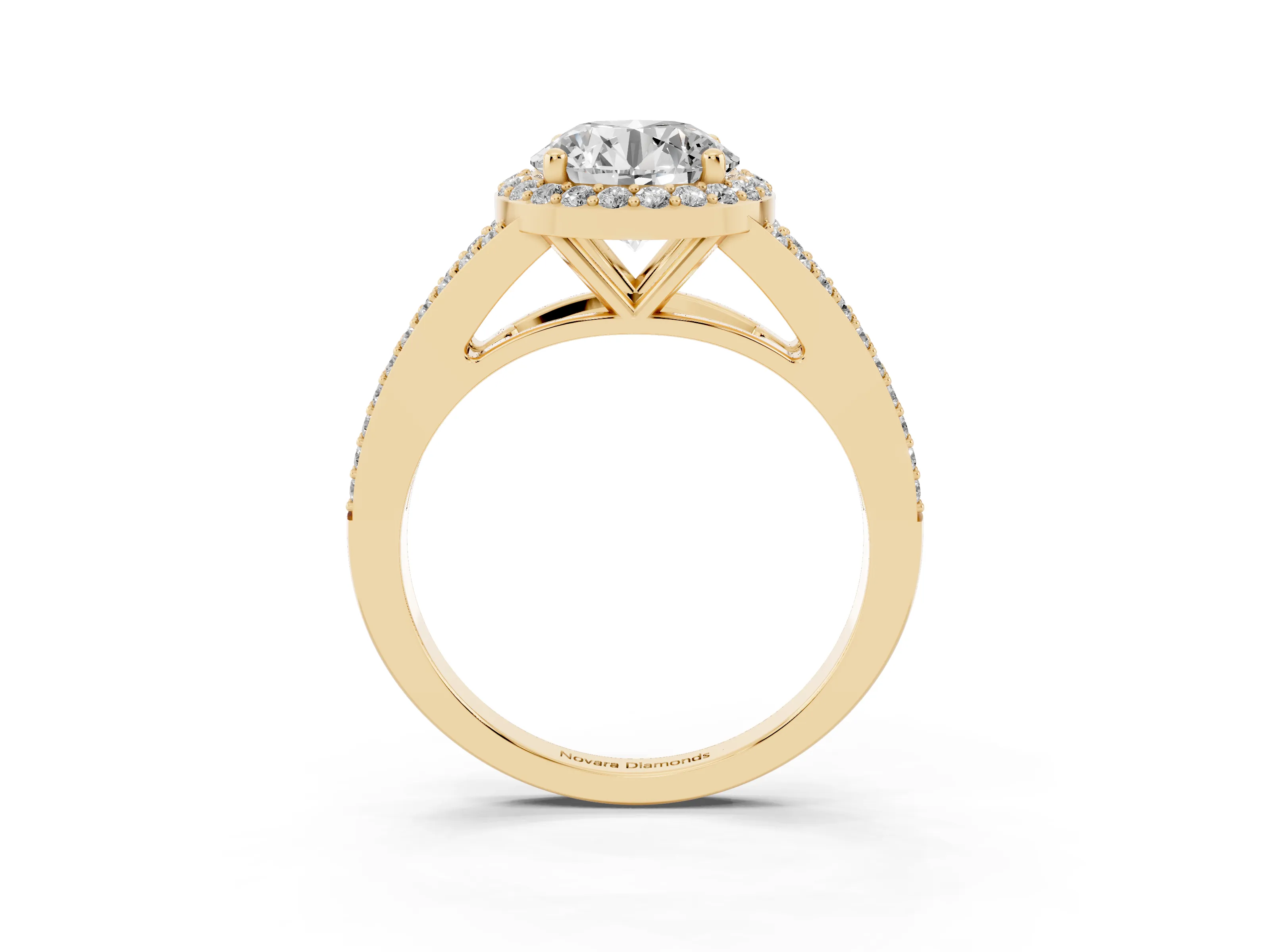 Round Cut Diamond Halo Split Shank Ring Set in Yellow gold with Accent Stones and Prong Setting