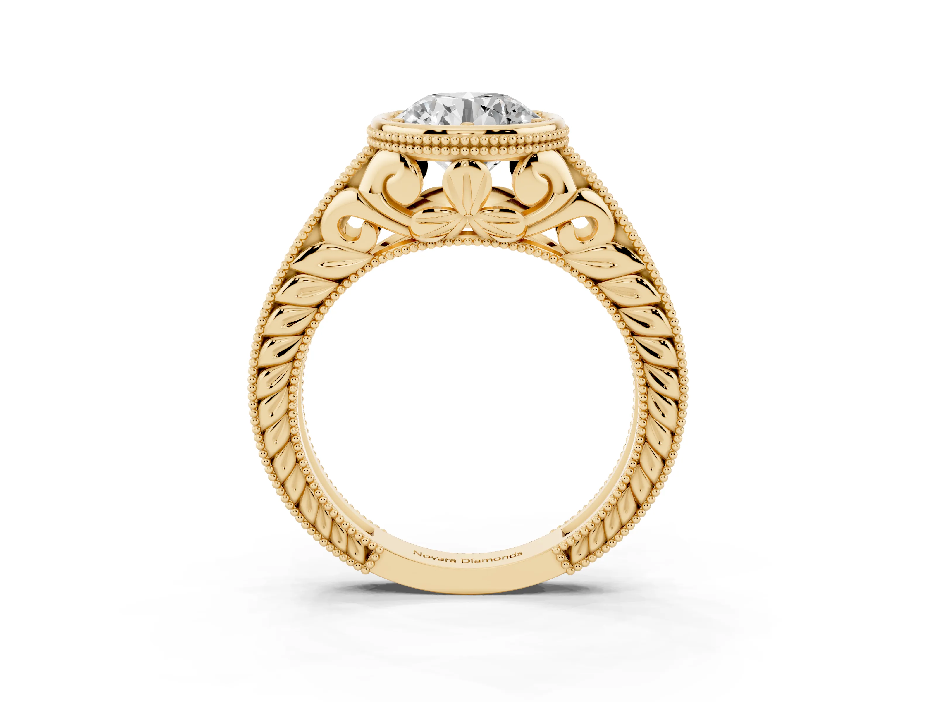 Bezel Set Round Cut Diamond Milgrain Pavé Engagement Ring Set in Yellow gold