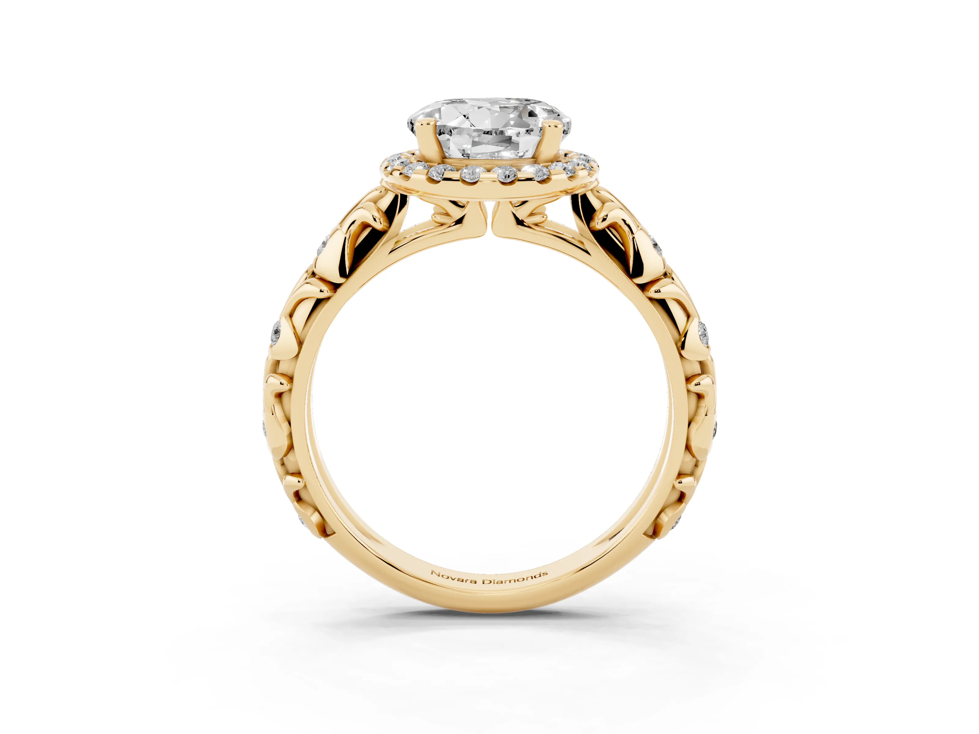 Round Cut Diamond Halo Ring Set in Yellow gold with Filigree Leaf Band and Prong Setting