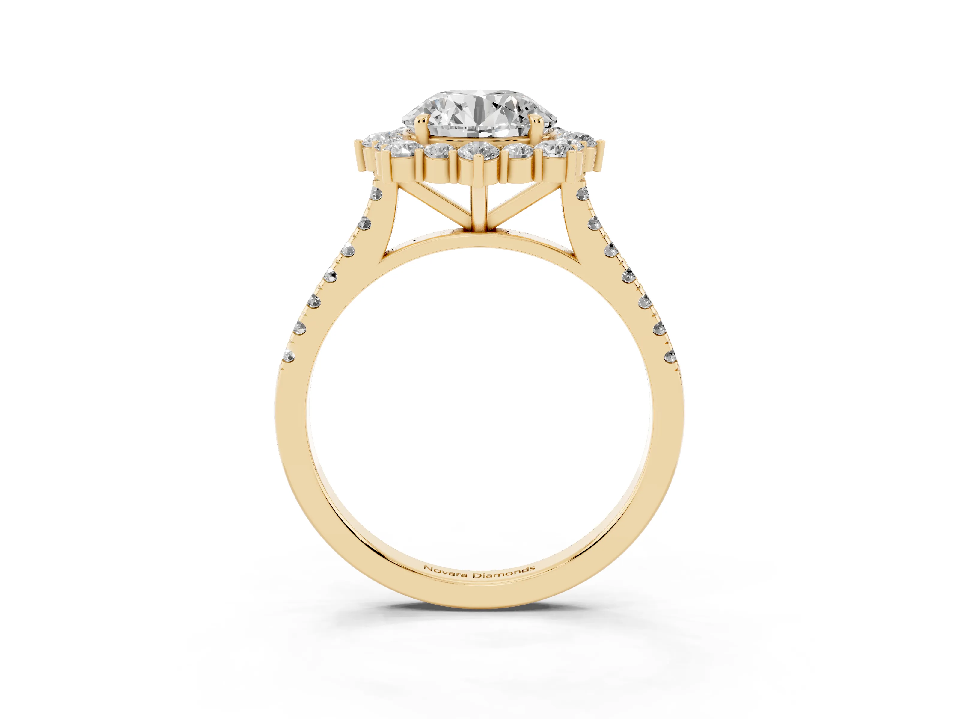Round Cut Diamond Halo Ring Set in Yellow gold with Pavé Band and Prong Setting