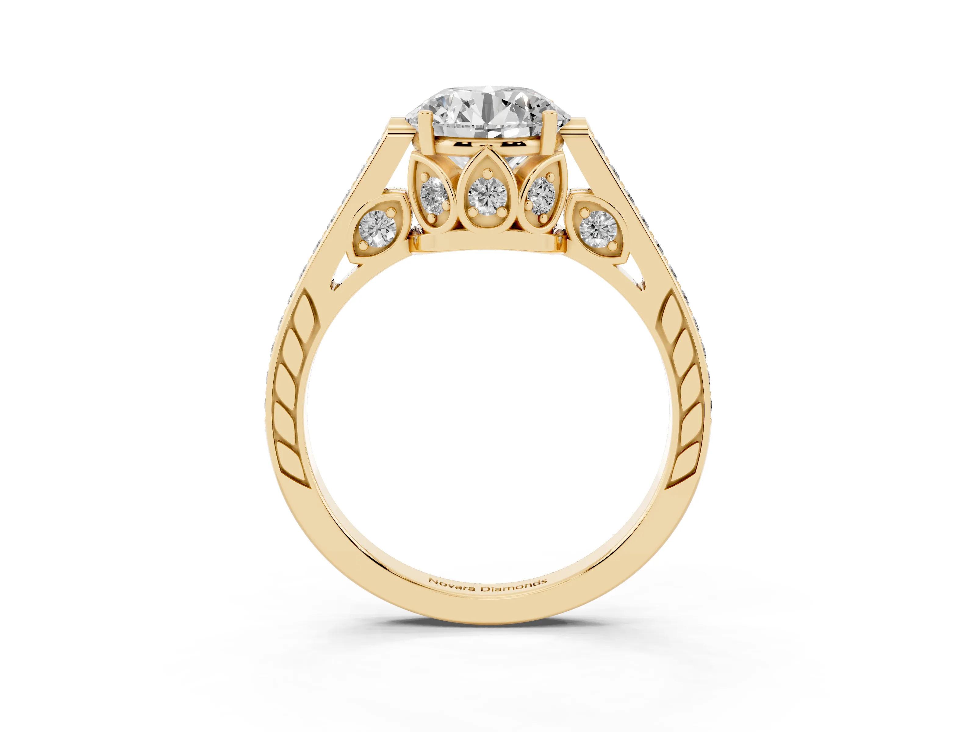 Round Cut Diamond Cathedral Pavé Engagement Ring Set in Yellow gold with Prong Setting