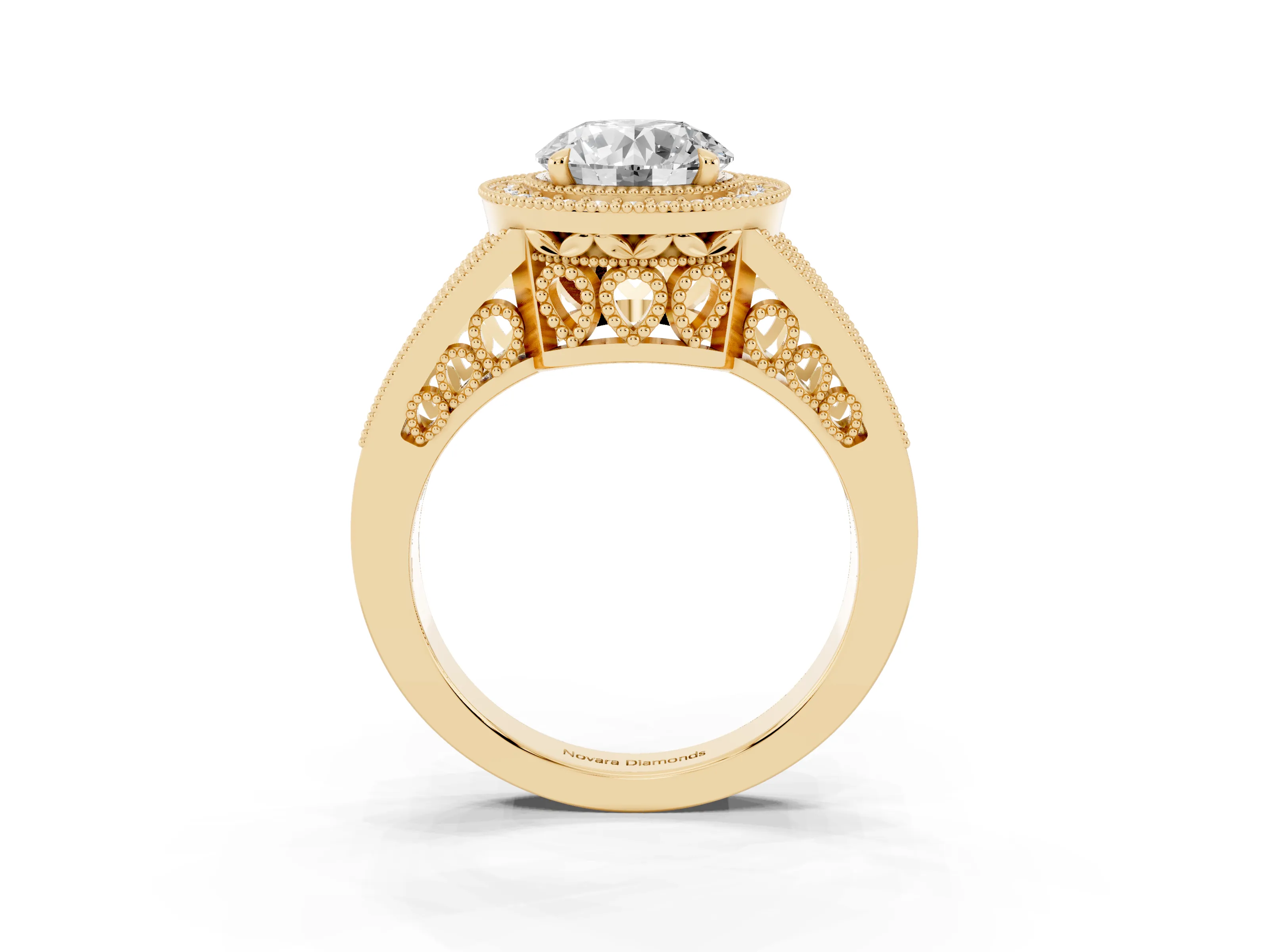 Round Cut Diamond Halo Ring Set in Yellow gold with Stone-Set Split Shank and Milgrain Edges