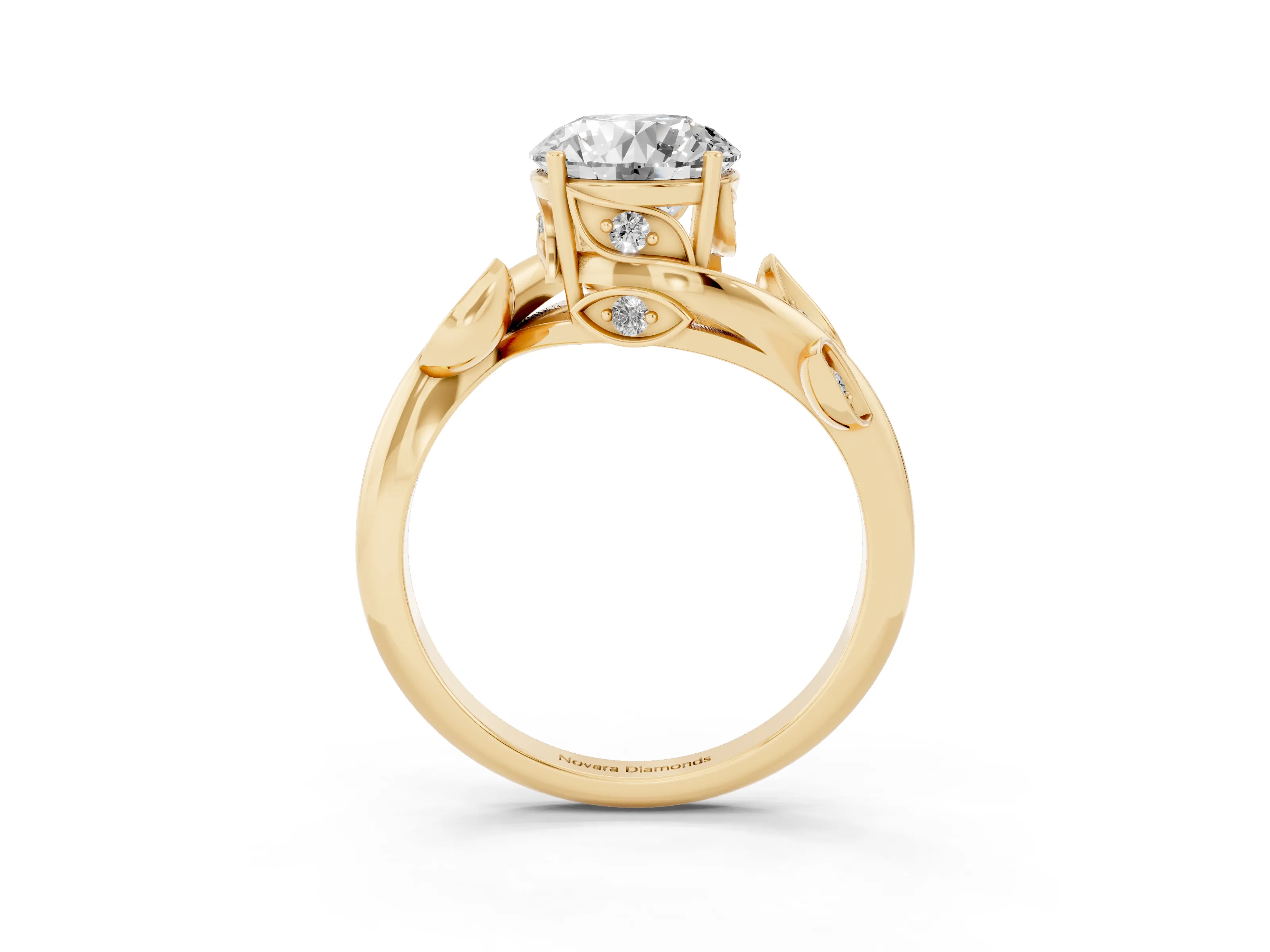 Round Cut Diamond Solitaire Twist Engagement Ring Set in Yellow gold with Pavé Leaf Accents