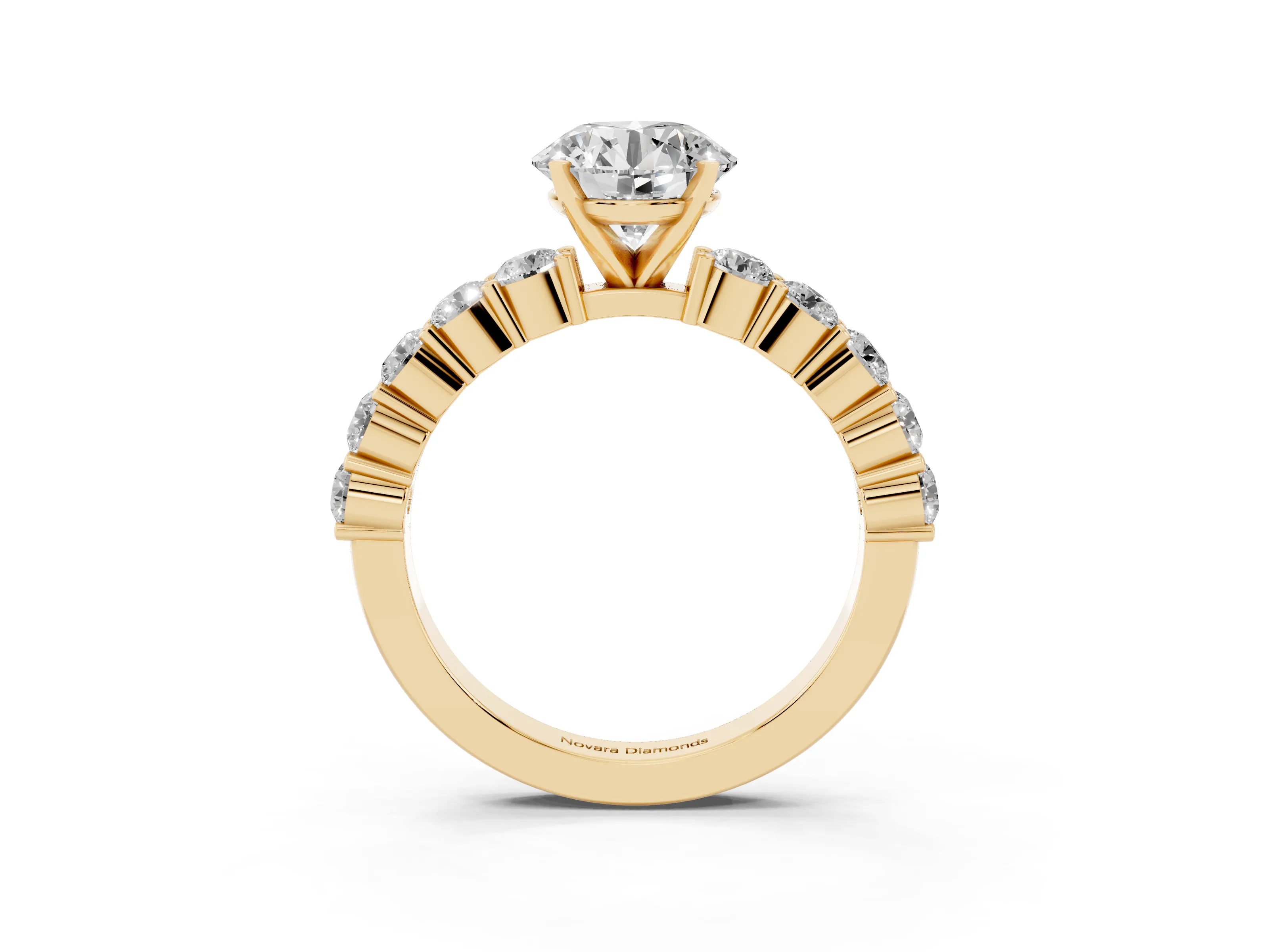 Round Cut Diamond Solitaire Ring Set in Yellow gold with Shared Prong Round Side Stones