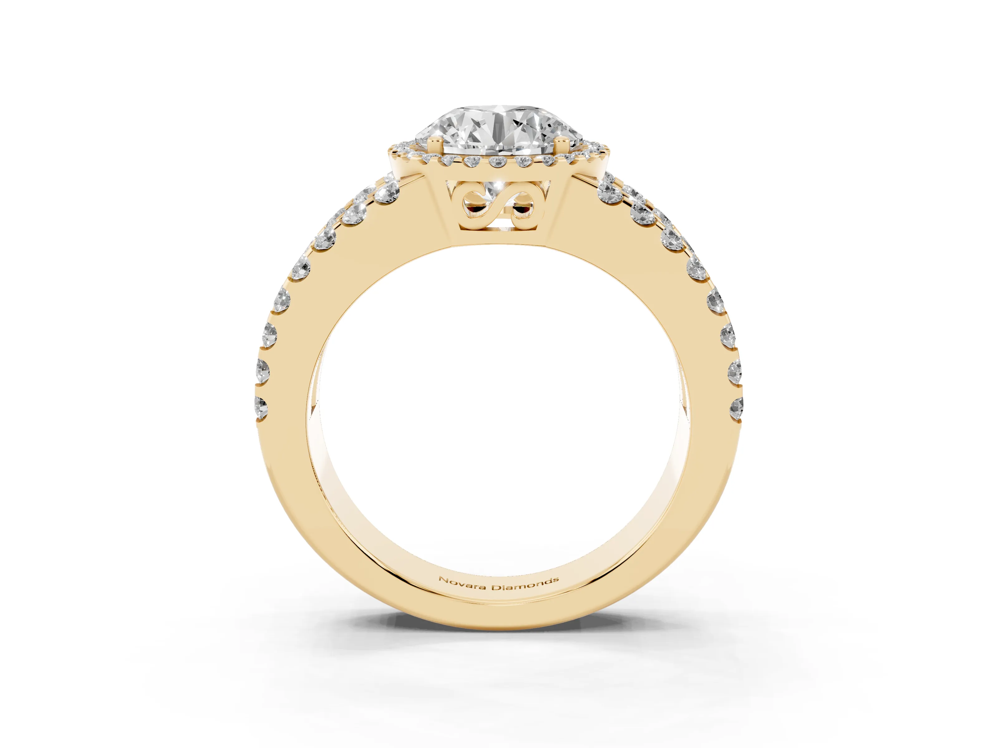 Round Cut Diamond Halo Ring Set in Yellow gold with Pavé Split Shank and Prong Setting
