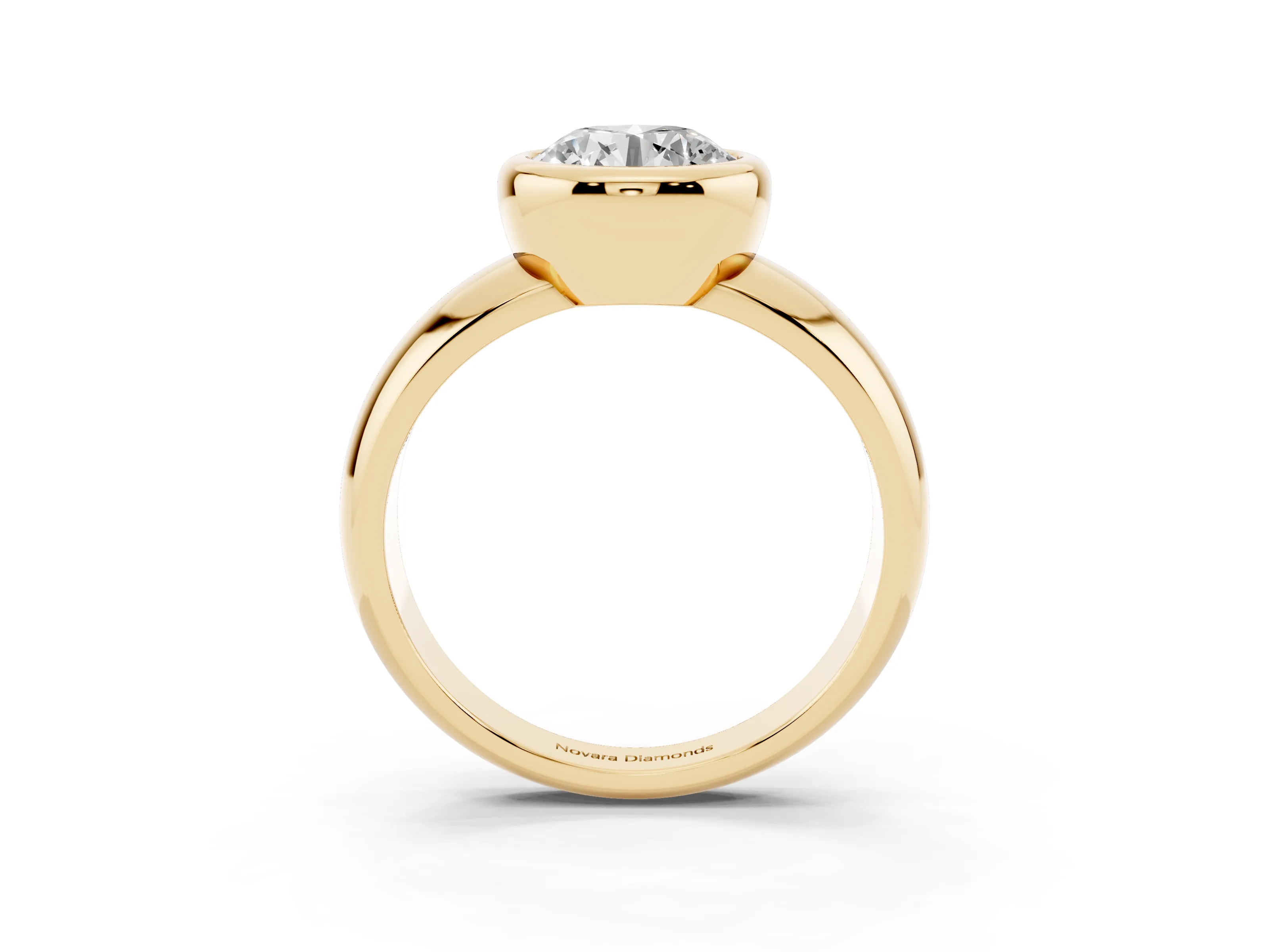Bezel Set Round Cut Diamond Solitaire Ring Set in Yellow gold with Wide Band