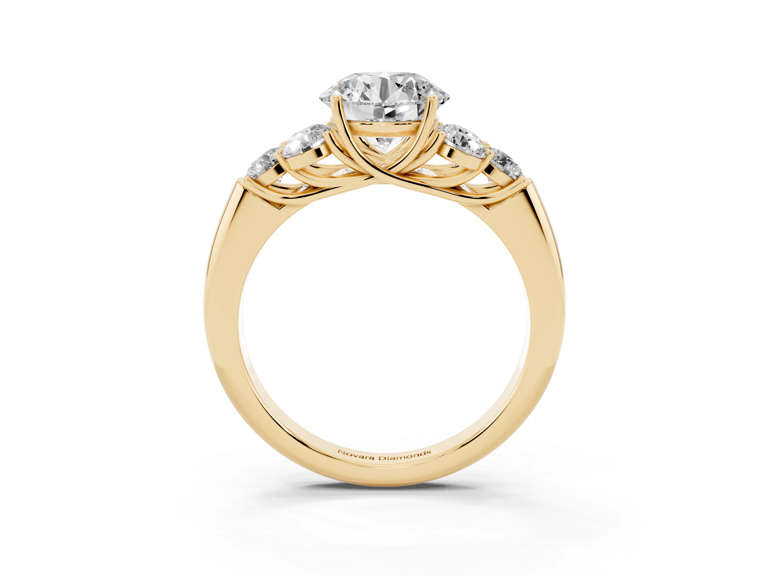 Round Cut Diamond Cluster Ring Set in Yellow gold with Round Accent Stones and Prong Setting on a Plain Band