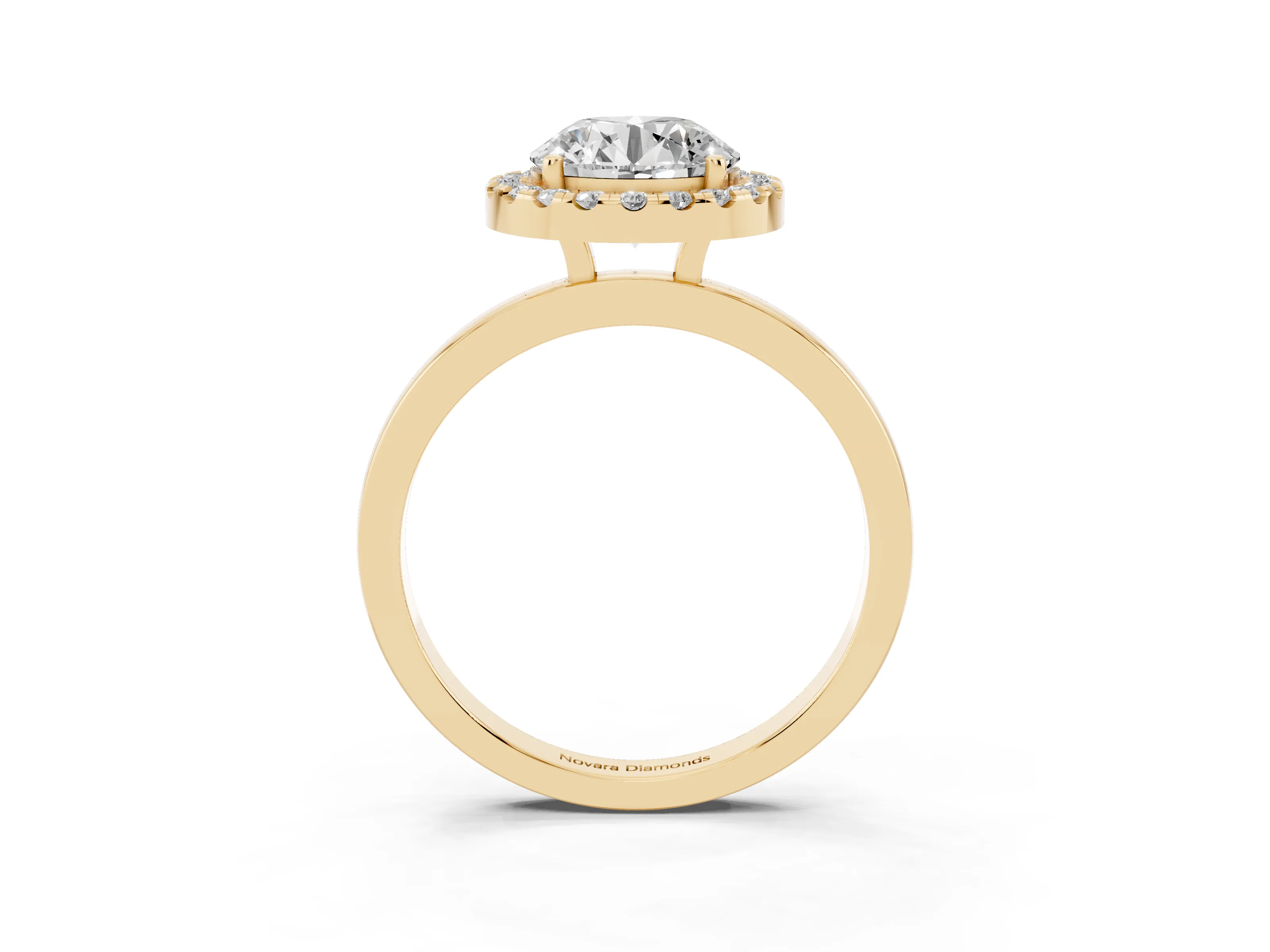 Round Cut Diamond Halo Solitaire Ring Set in Yellow gold with Pavé Band and Prong Setting