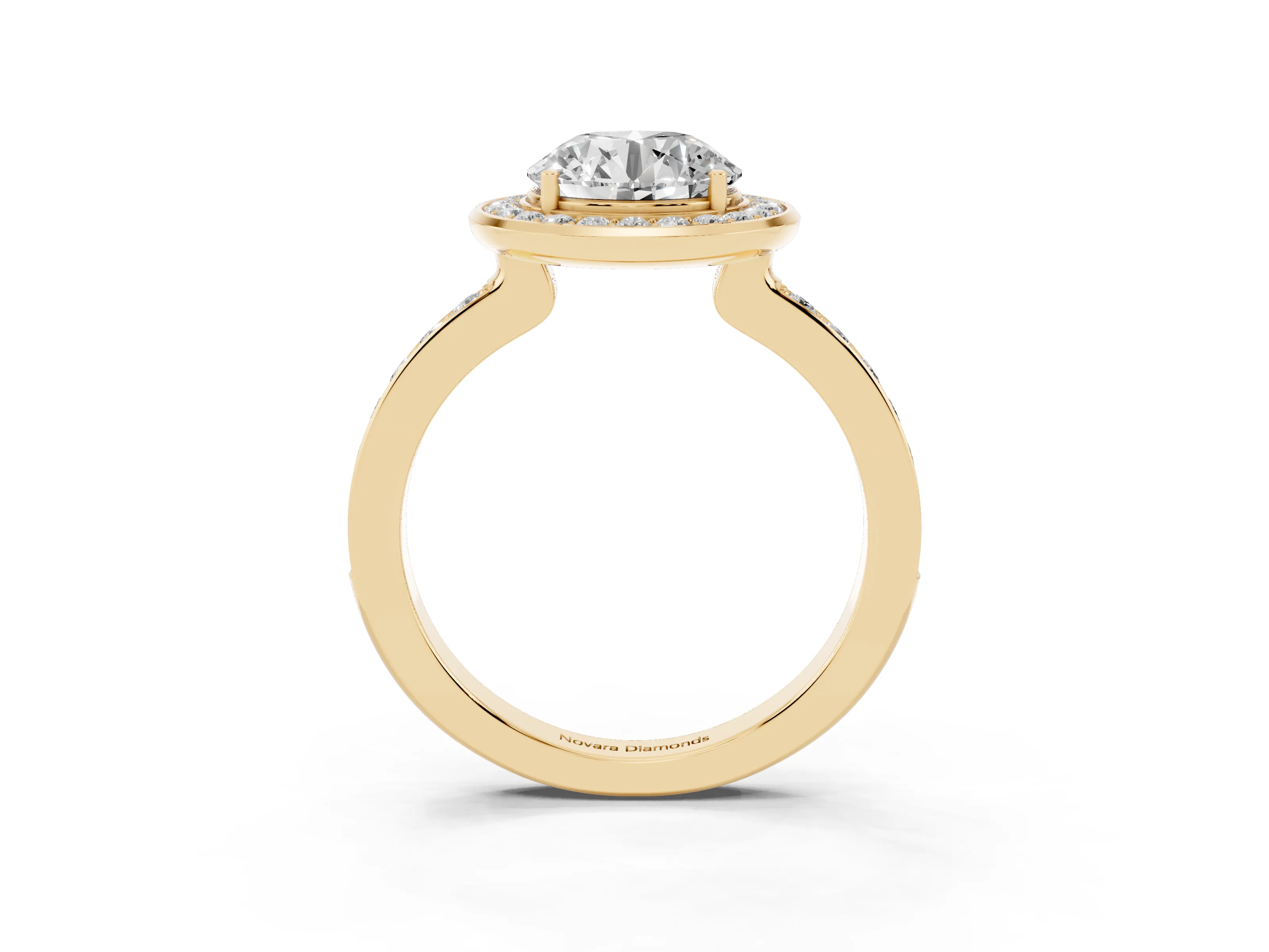 Round Cut Diamond Halo Ring Set in Yellow gold with Bezel Frame and Pavé Band