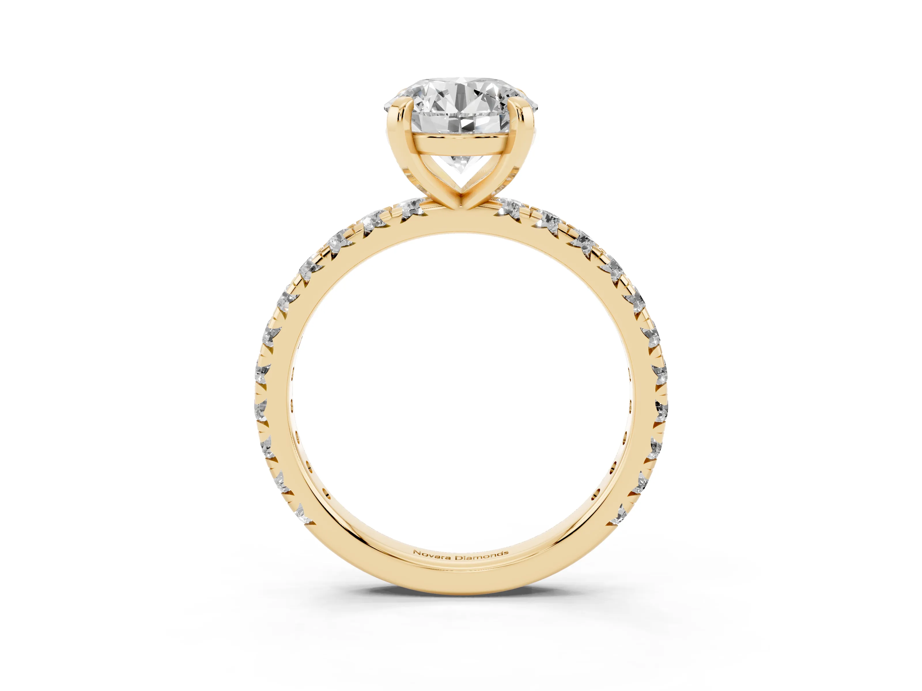 Round Cut Diamond Pavé Solitaire Ring Set in Yellow gold with Round Band and Prong Setting