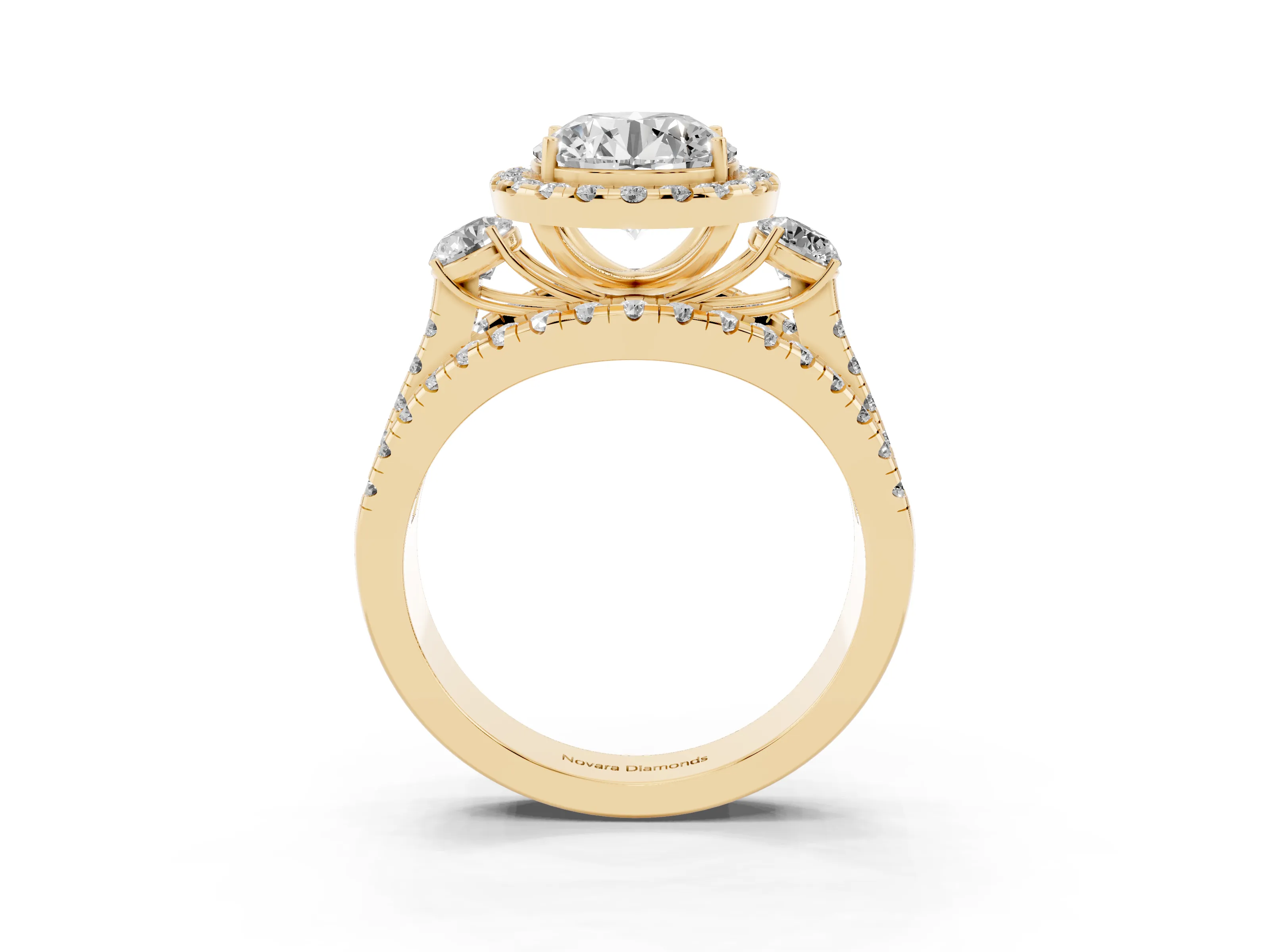 Round Cut Diamond Halo Split Shank Ring Set in Yellow gold with Round Accent Stones and Prong Setting
