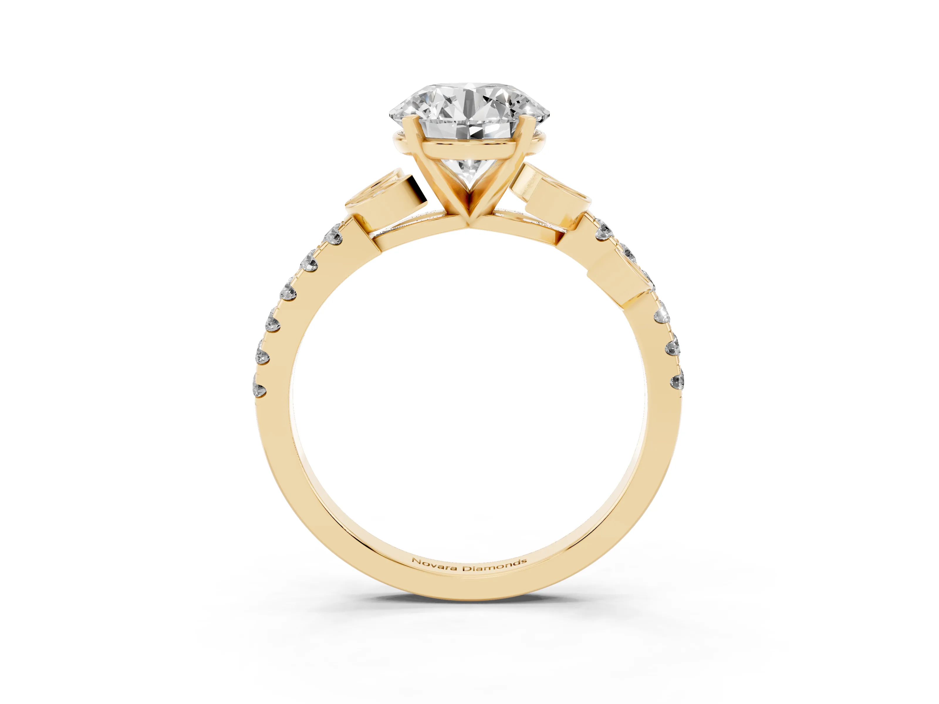 Round Cut Diamond Solitaire Leaf-Inspired Ring Set in Yellow gold with Pavé Band and Prong Setting