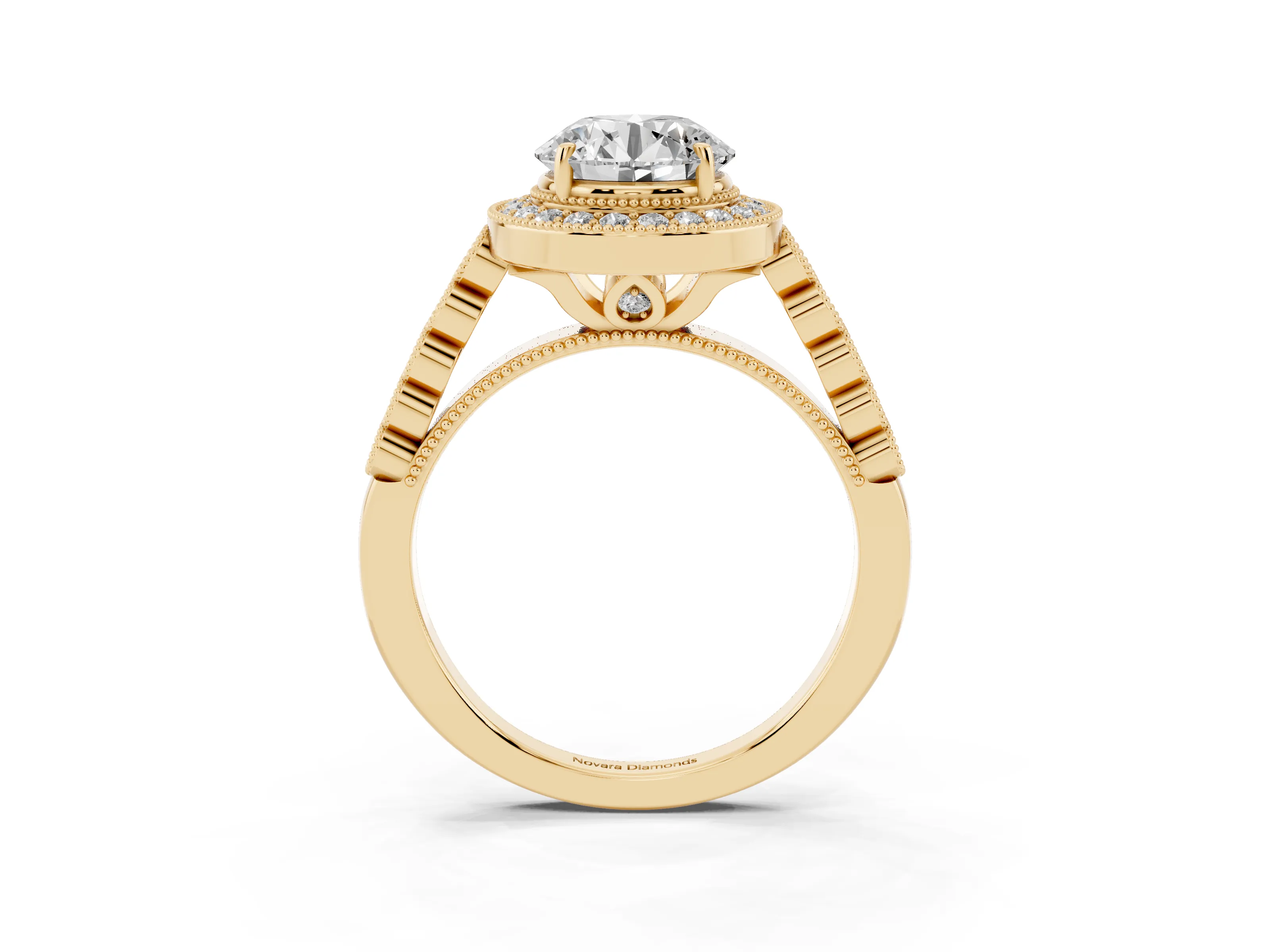 Round Cut Diamond Milgrain Halo Solitaire Ring Set in Yellow gold with Bezel Set Side Stones and Pavé Band