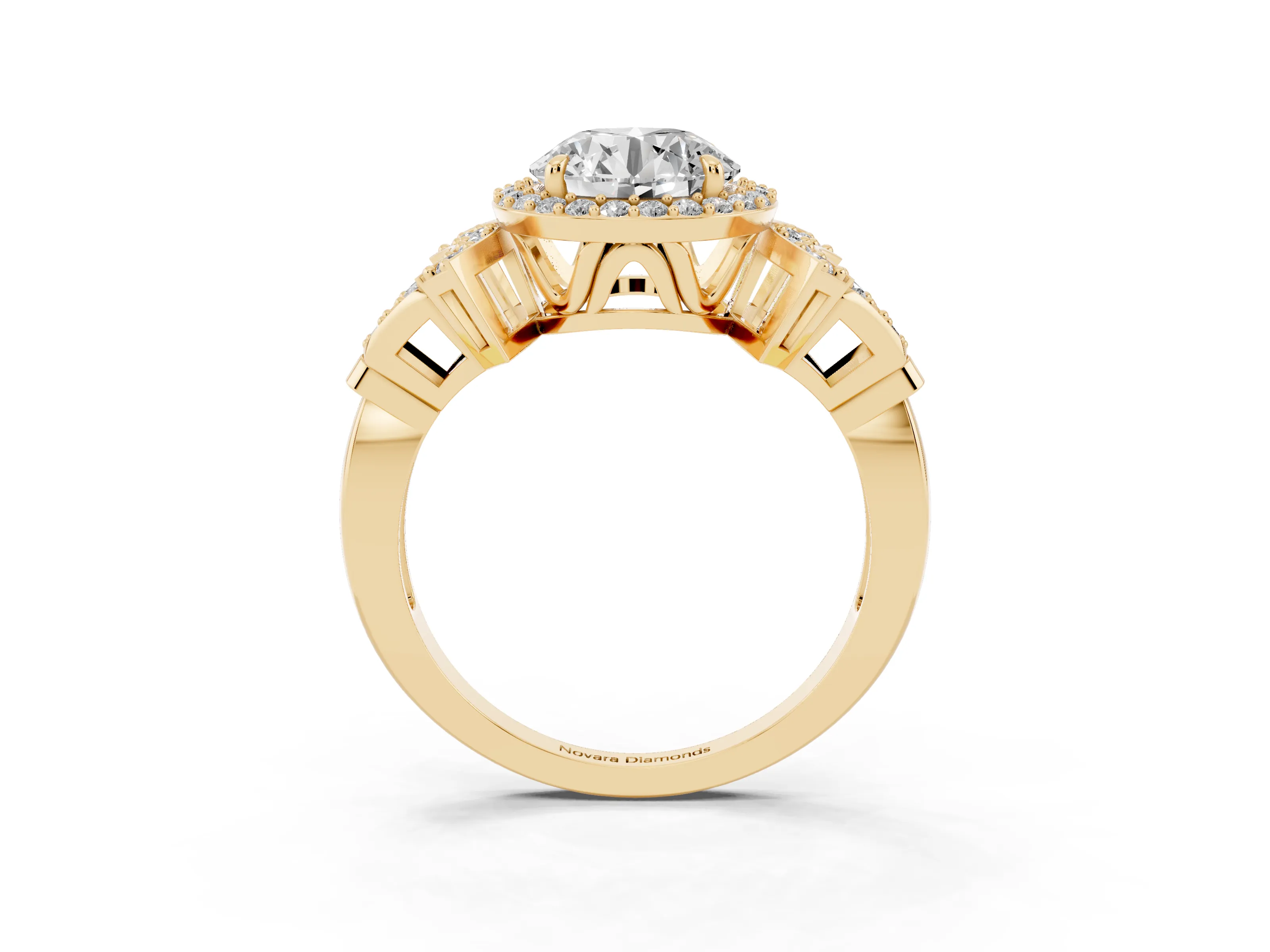 Round Cut Diamond Halo Engagement Ring Set in Yellow gold with Accent Stone Split Shank