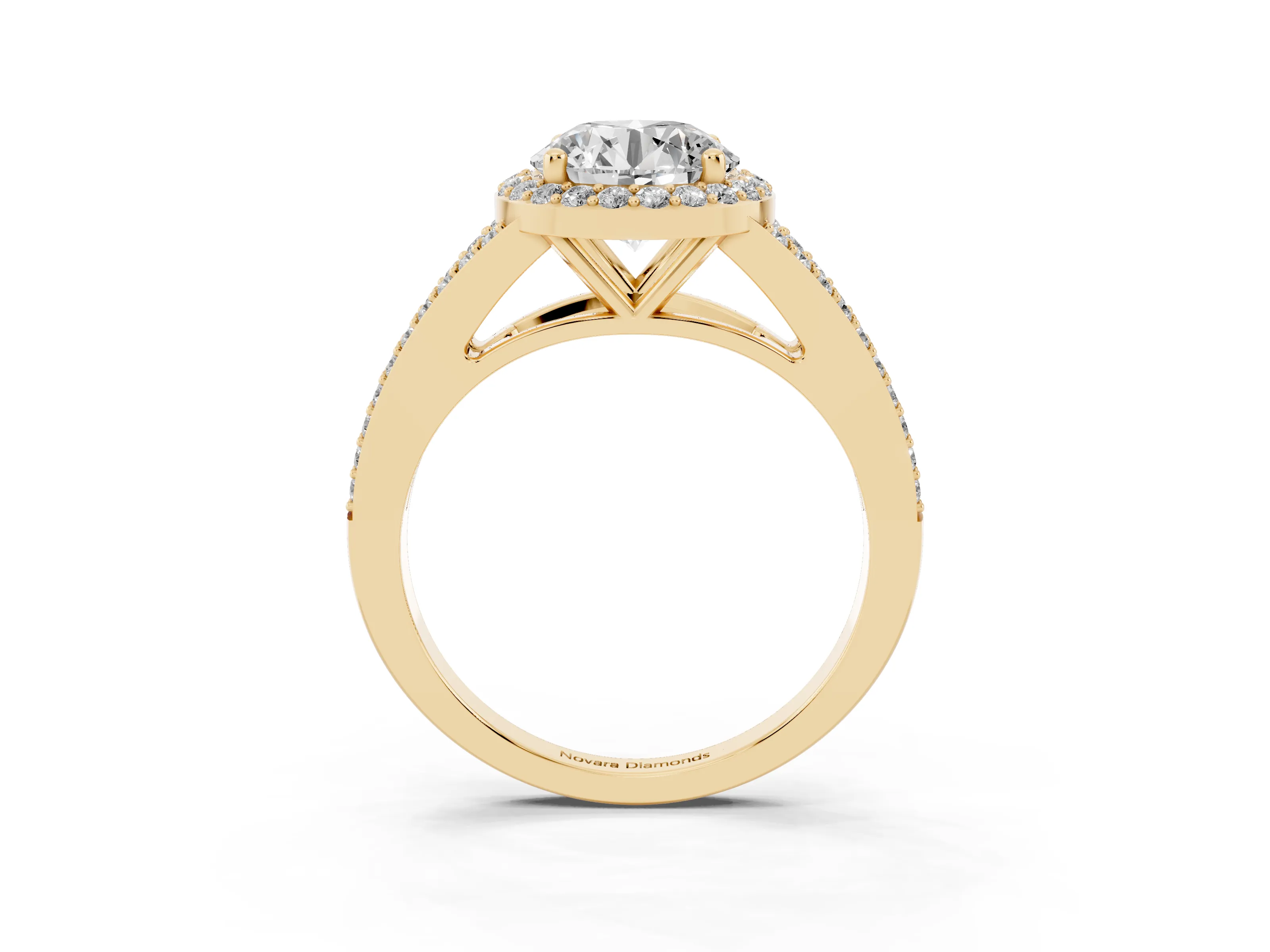 Round Cut Diamond Halo Split Shank Pavé Ring Set in Yellow gold with Prong Setting