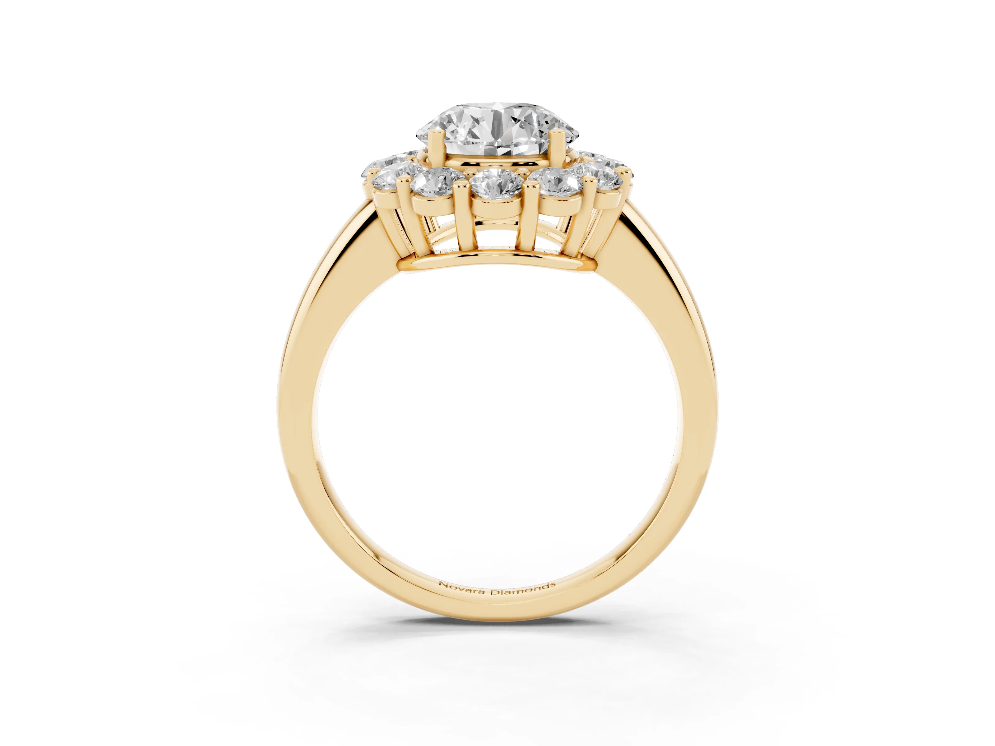 Round Cut Diamond Halo Cluster Engagement Ring Set in Yellow gold with Polished Band and Prong Setting