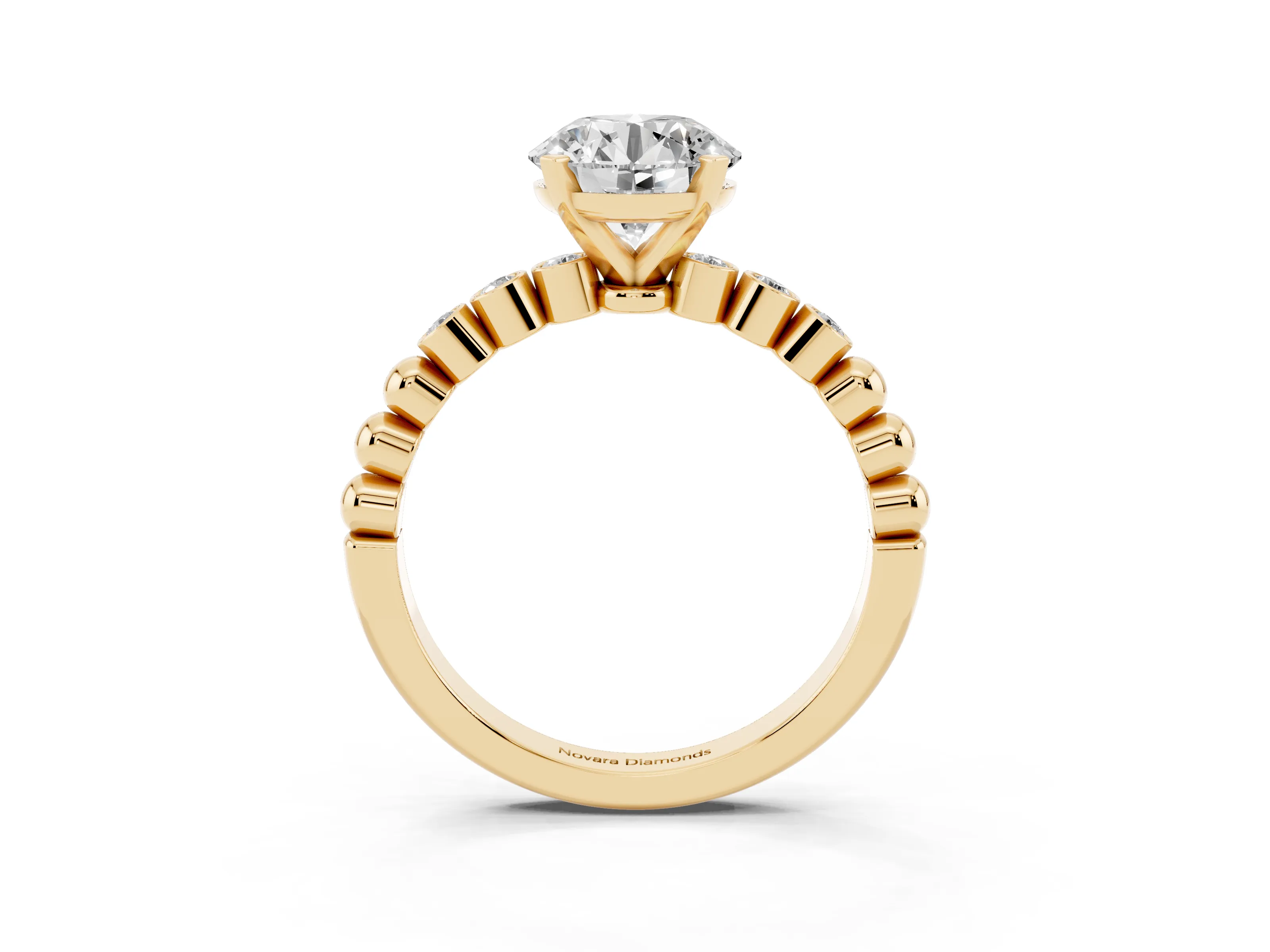 Round Cut Diamond Solitaire Engagement Ring Set in Yellow gold with Bezel Accents on Beaded Band