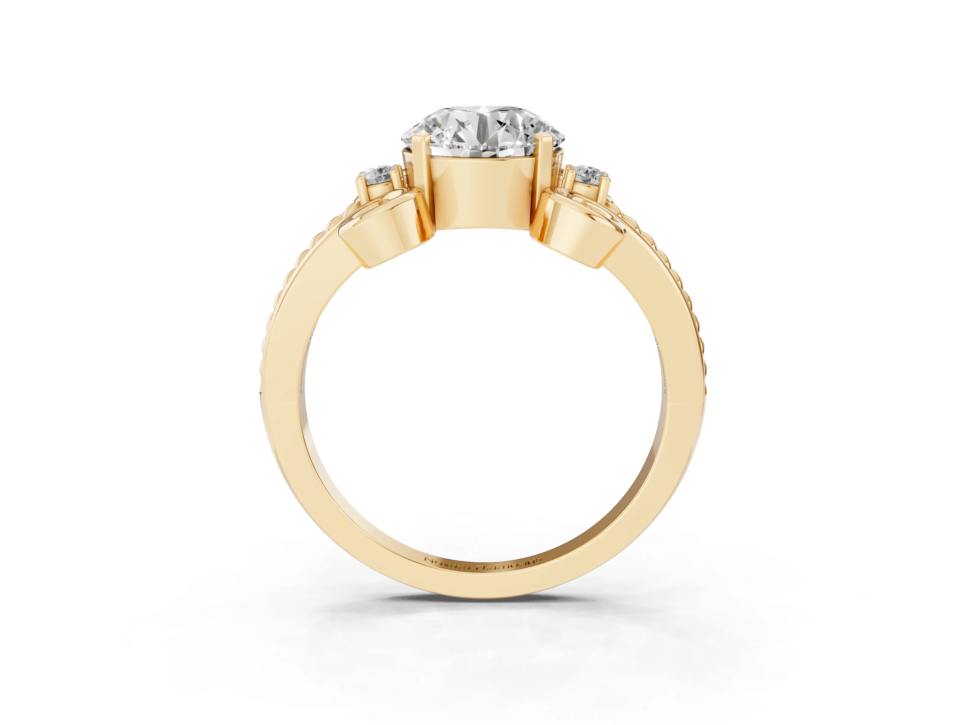Round Cut Diamond Twisted Band Solitaire Ring Set in Yellow gold with Scroll Prongs