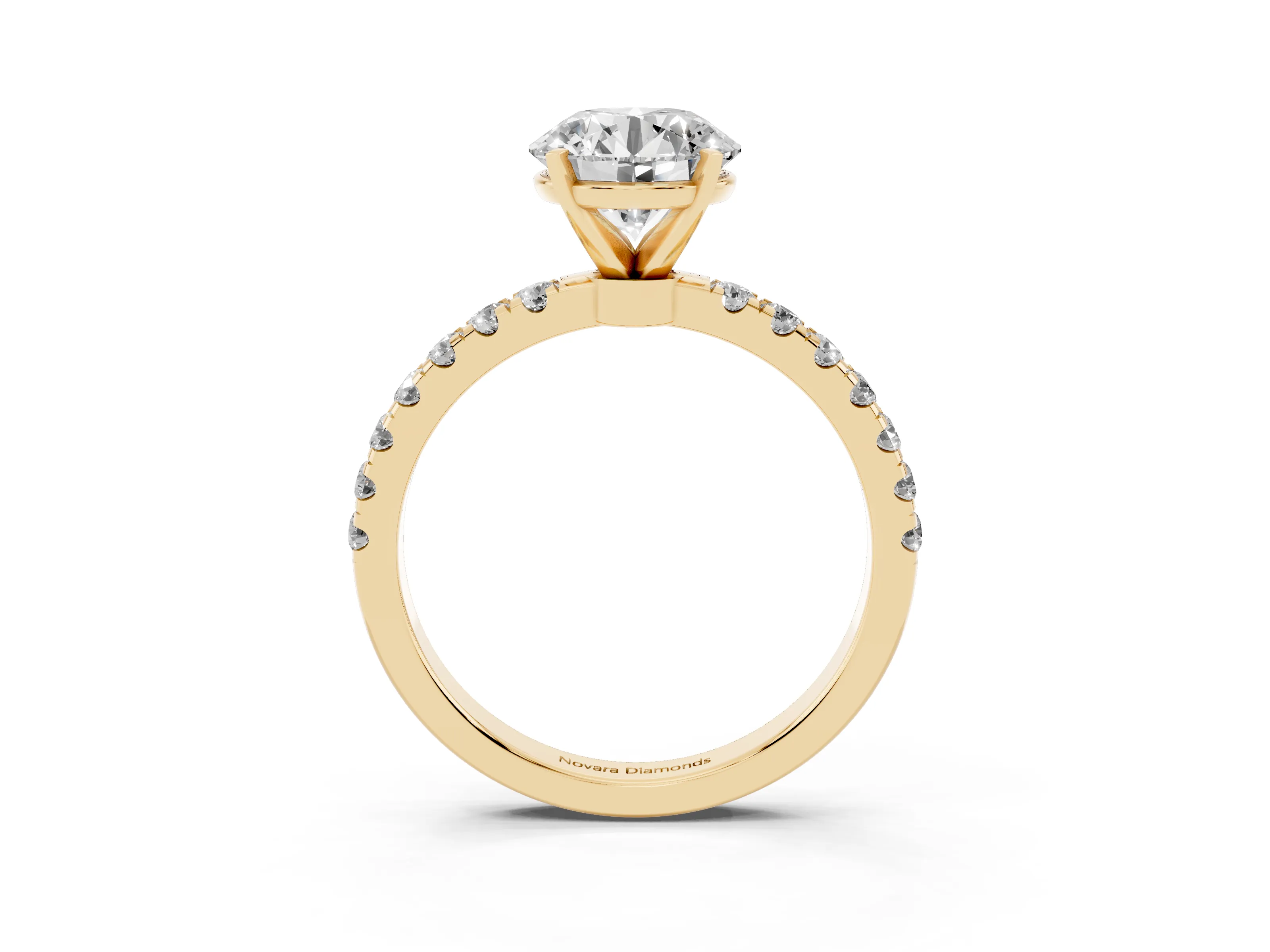 Round Cut Diamond Solitaire Ring Set in Yellow gold with Pavé Accents and Prong Setting