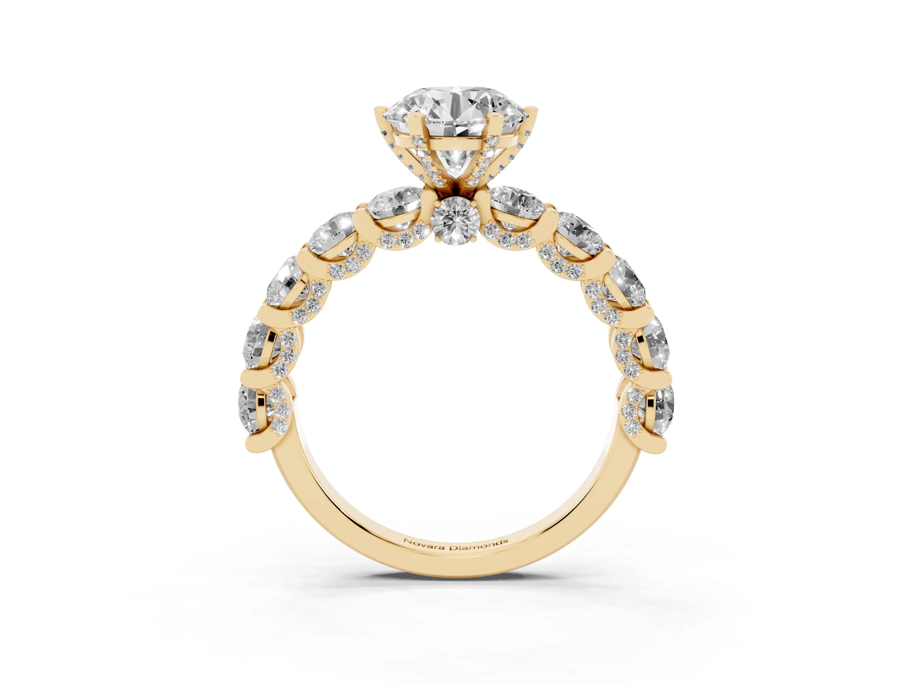Round Cut Diamond Side Stone Ring Set in Yellow gold with Alternating Round and Oval Side Stones