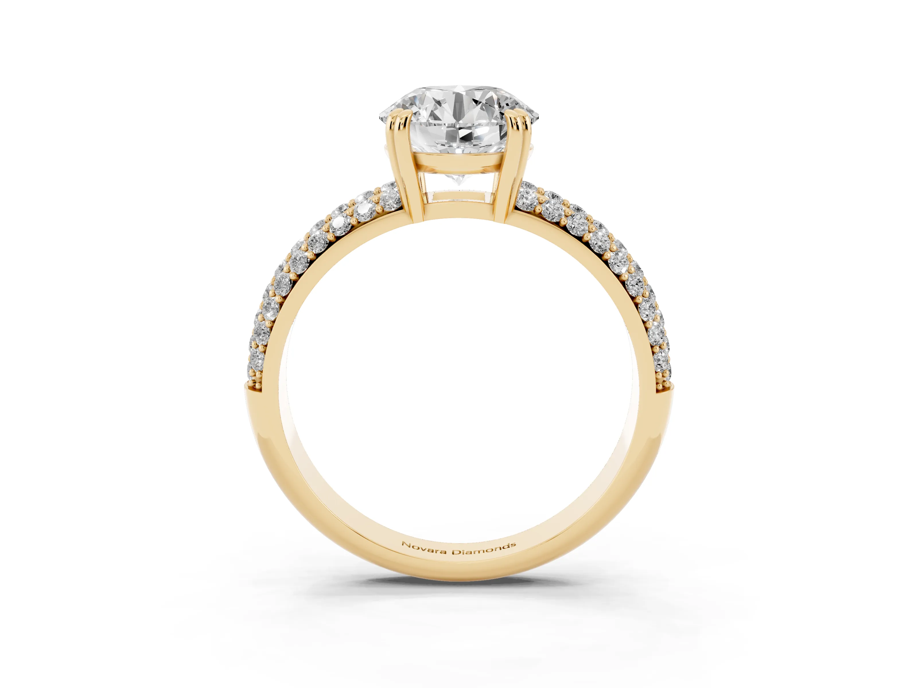 Round Cut Diamond Solitaire Ring Set in Yellow gold with Multi-Row Round Pavé Band and Prong Setting