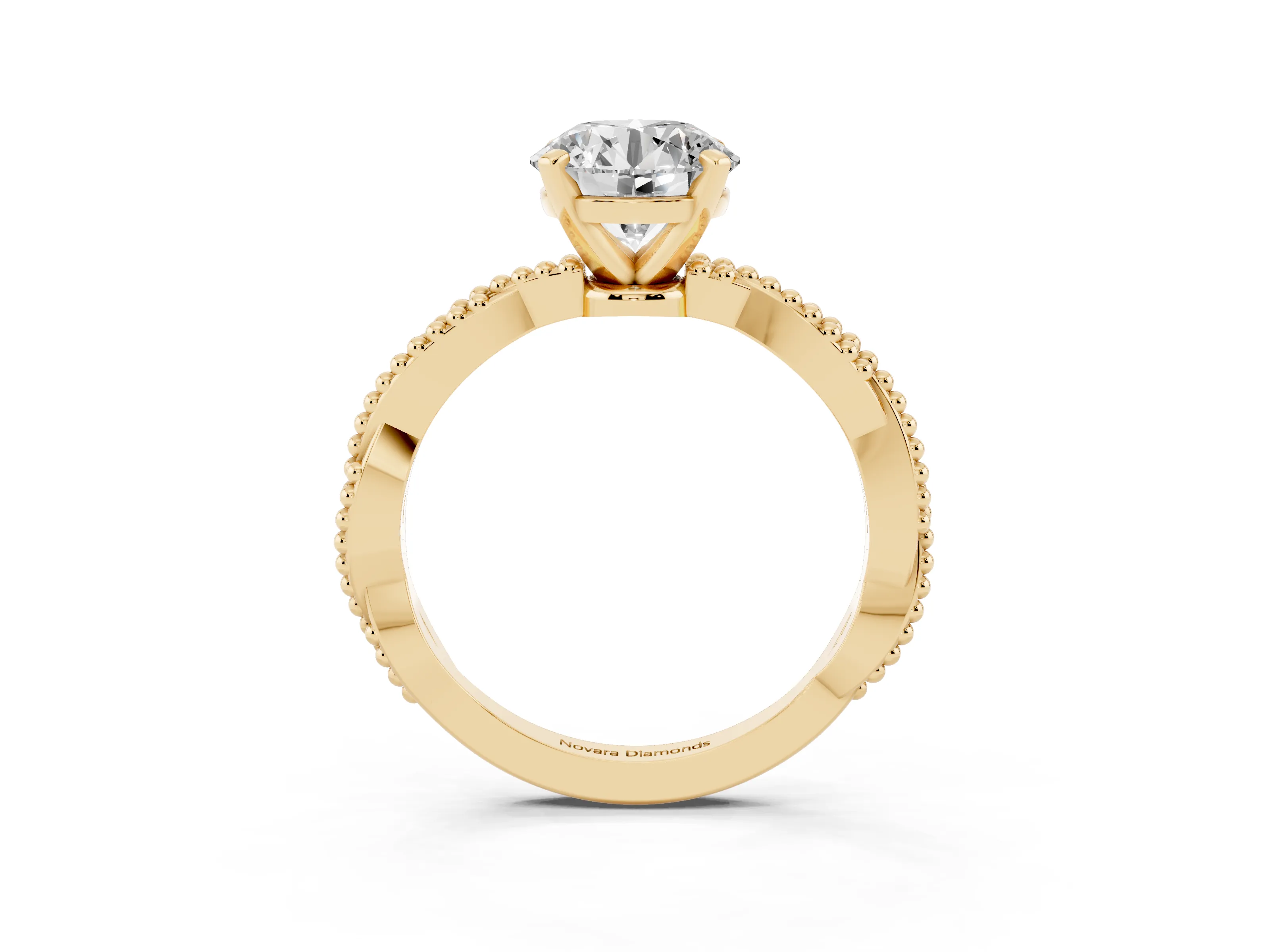 Round Cut Diamond Solitaire Ring Set in Yellow gold with Twisted Band and Bead Prong Setting