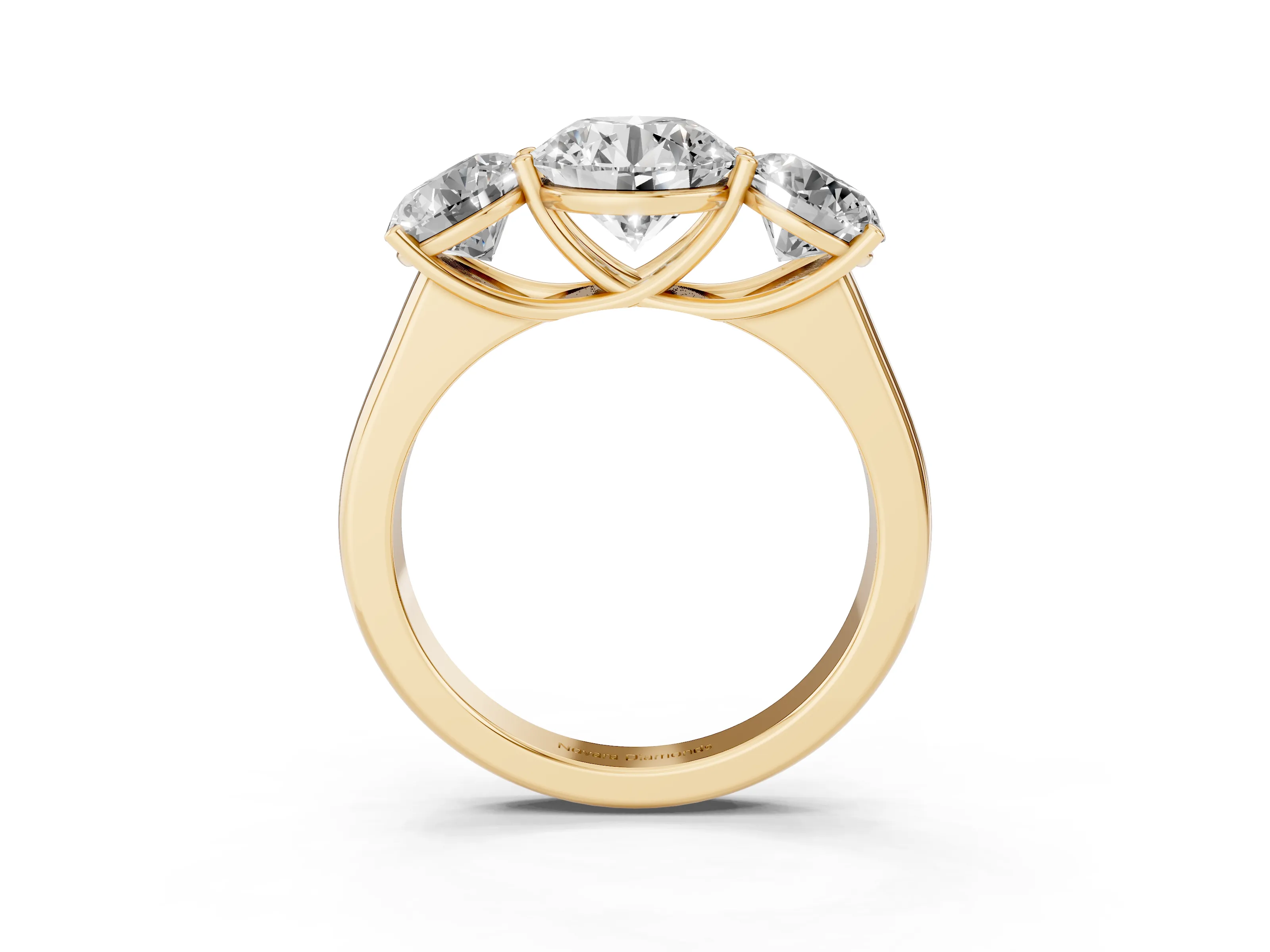 Round Cut Diamond Three-Stone Ring Set in Yellow gold with Plain Polished Band