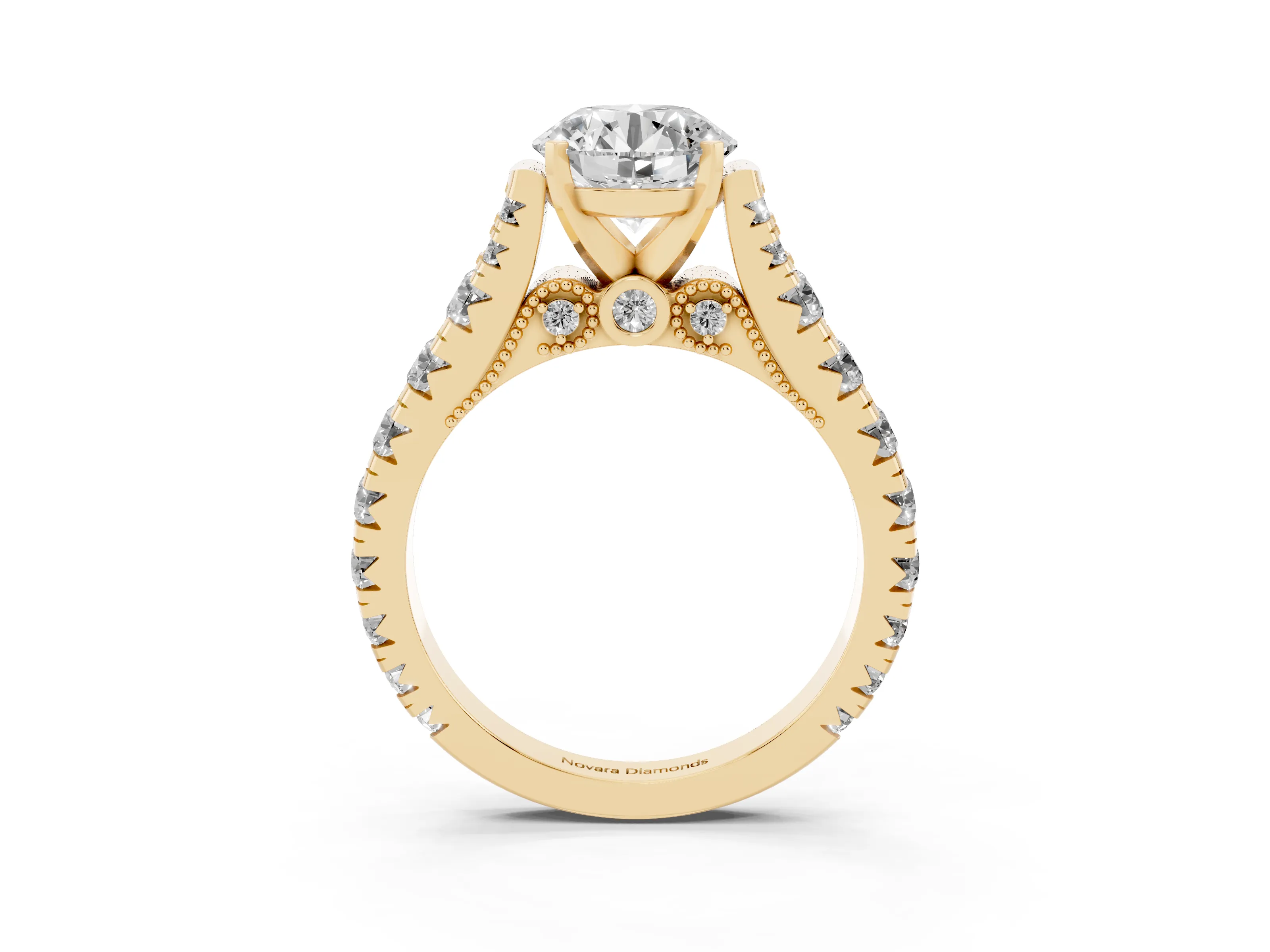 Round Cut Diamond Classic Solitaire Ring Set in Yellow gold with Pavé Band and Prong Setting