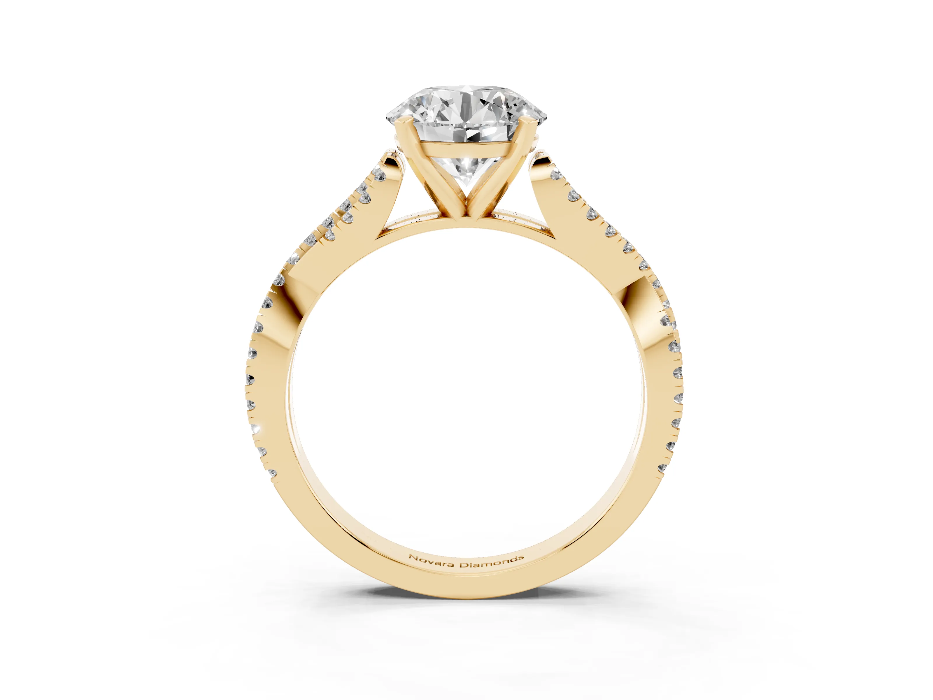Round Cut Diamond Solitaire Engagement Ring Set in Yellow gold with Twisted Pavé Band and Prong Setting