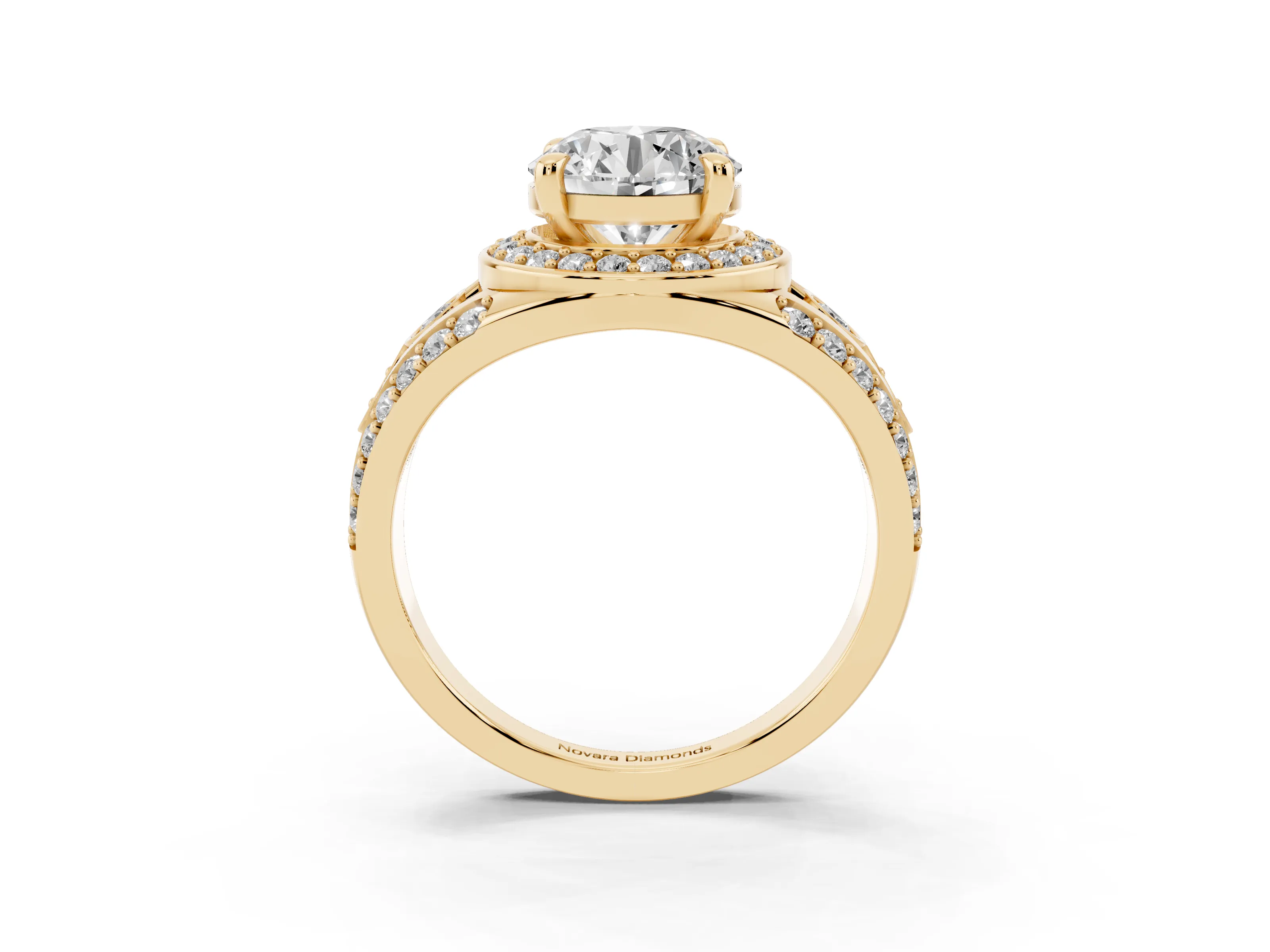 Round Cut Diamond Halo Ring Set in Yellow gold with Pavé Split Shank and Bezel Accents