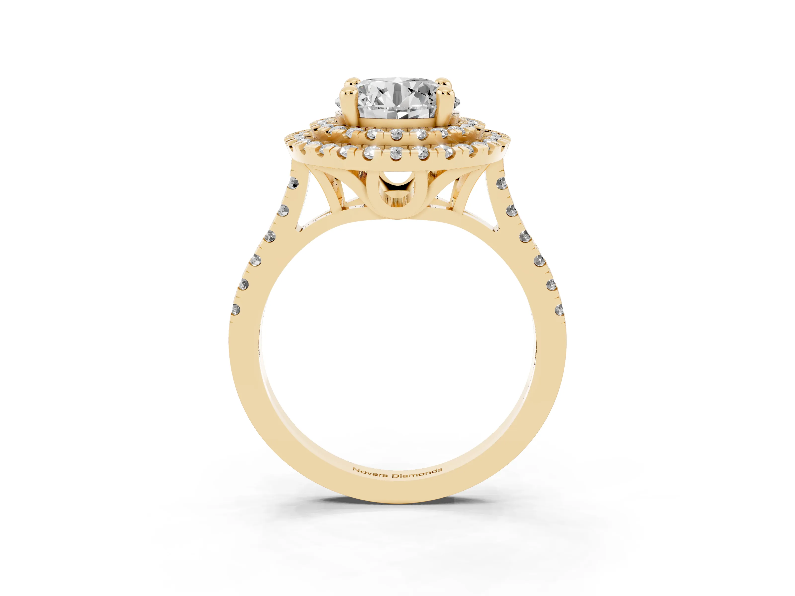 Round Cut Diamond Double Halo Statement Ring Set in Yellow gold with Pavé Band
