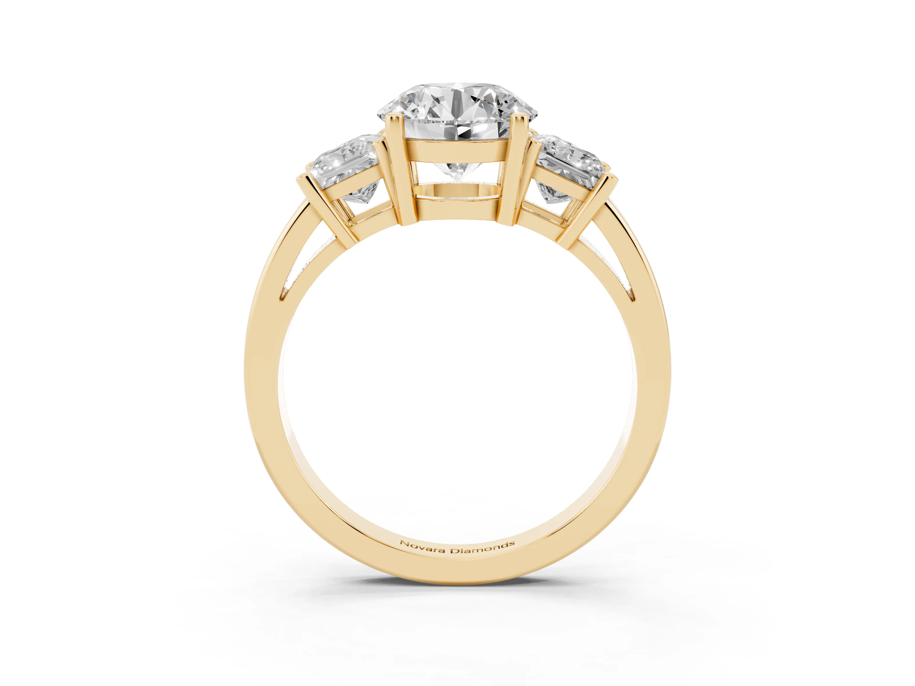 Three-Stone Round Cut Diamond Solitaire Ring Set in Yellow gold with Prong Setting