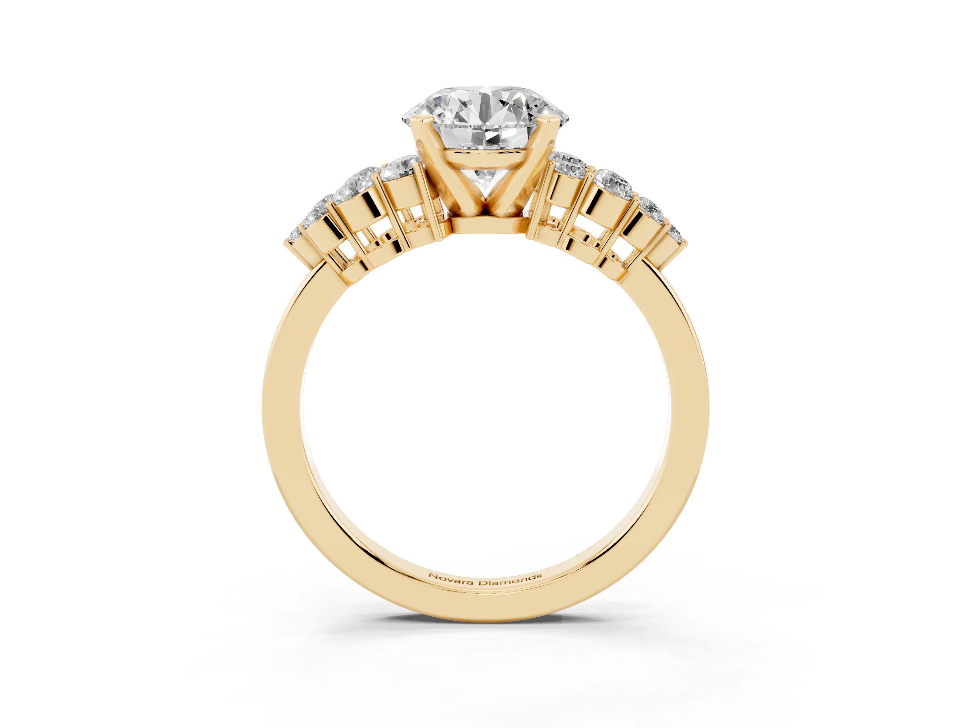 Round Cut Diamond Cluster Engagement Ring Set in Yellow gold with Pavé Band and Prong Setting