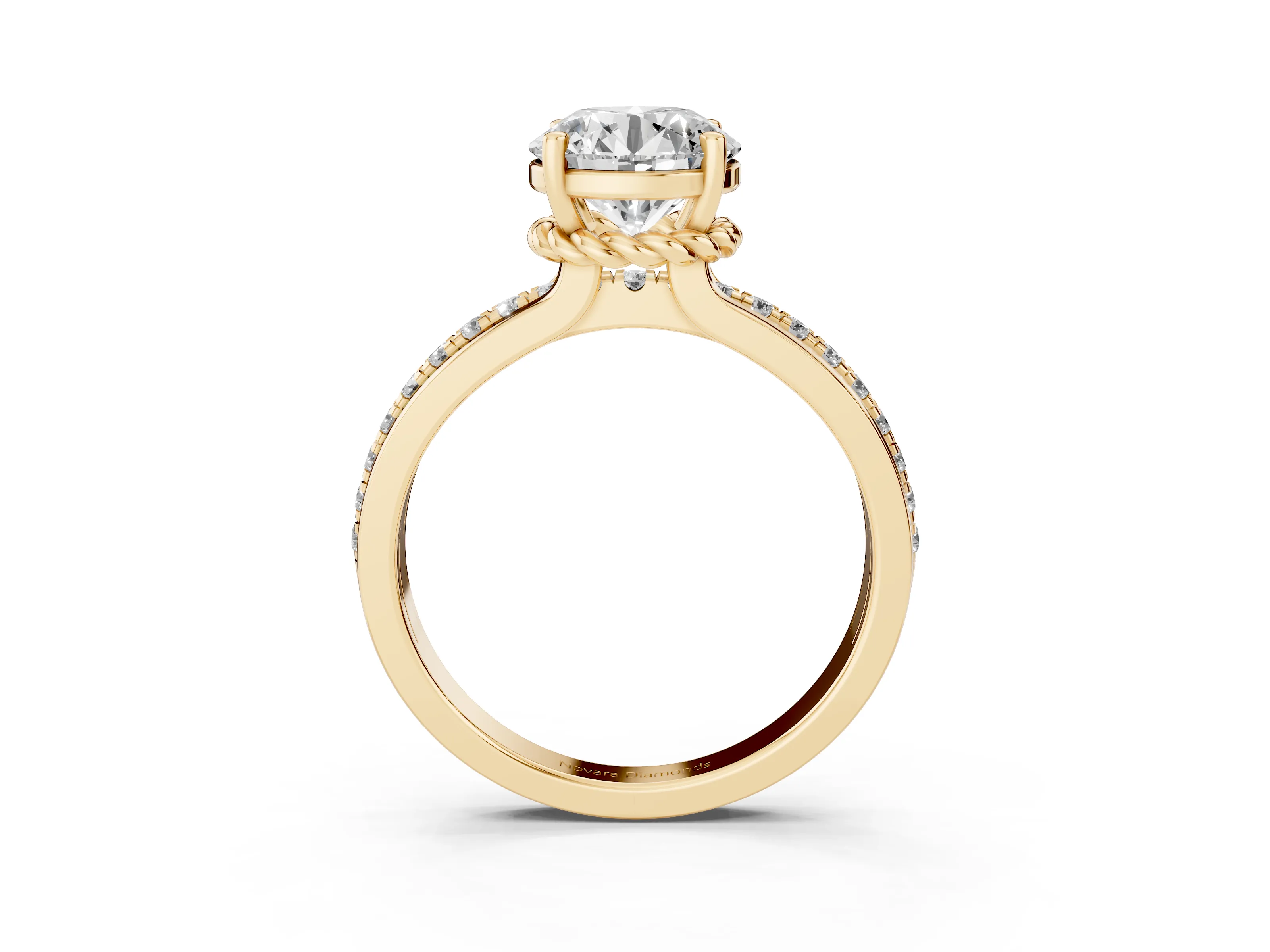 Round Cut Diamond Solitaire Ring Set in Yellow gold with Channel Set Band and Prong Setting