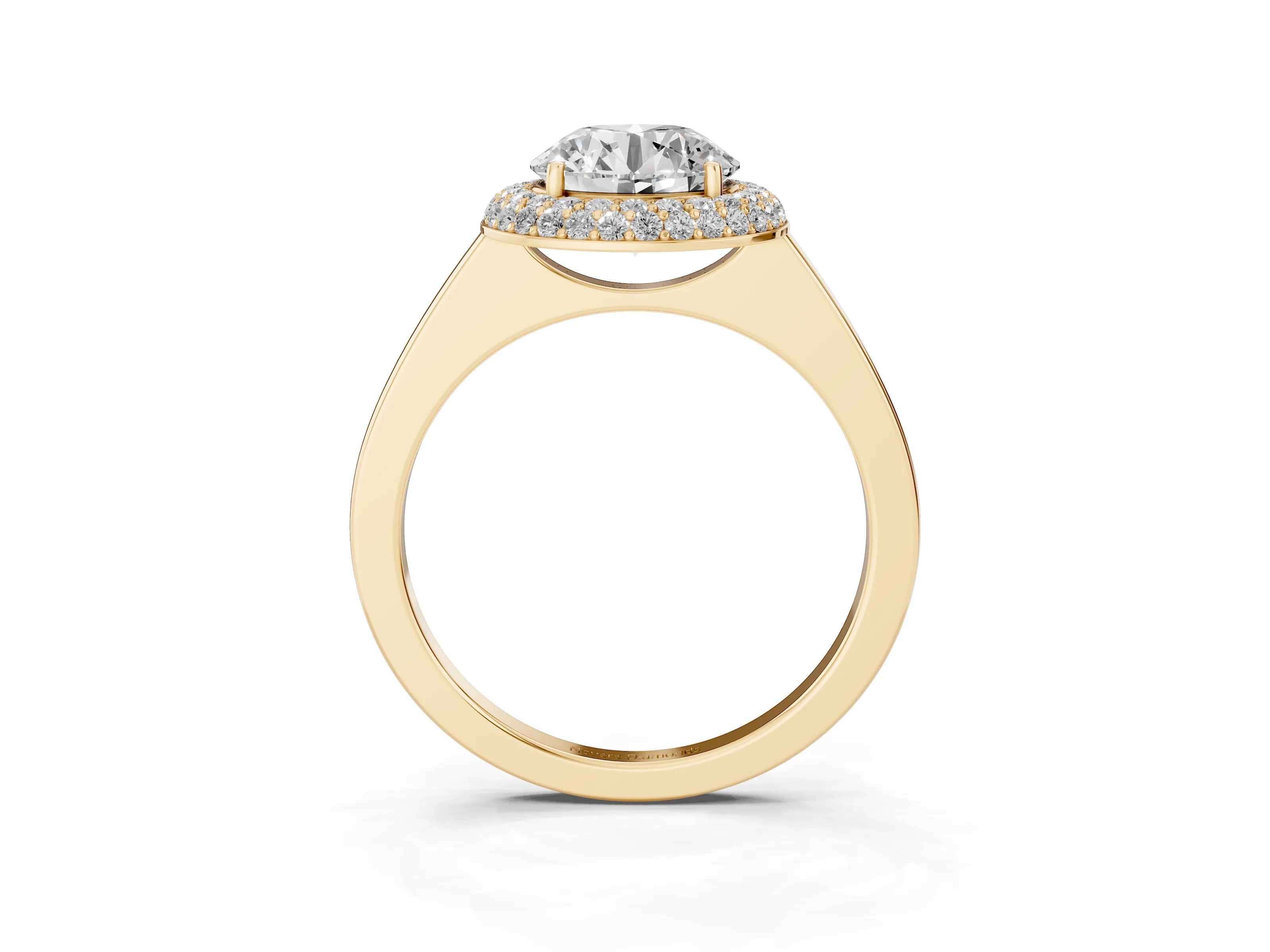 Round Cut Diamond Halo Engagement Ring Set in Yellow gold with Solitaire Band and Prong Setting