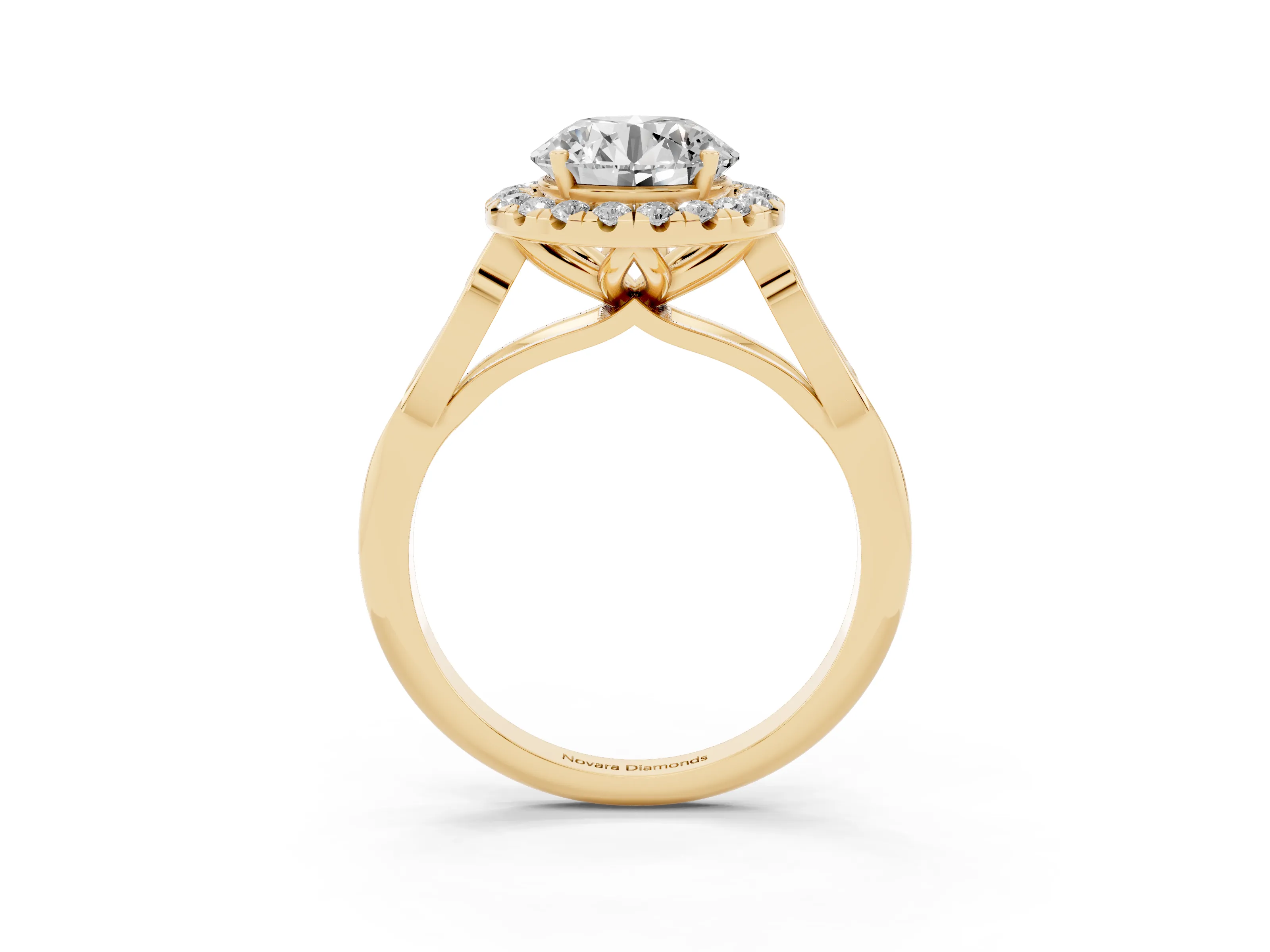 Round Cut Diamond Halo Engagement Ring Set in Yellow gold with Filigree Band and Prong-Set Center