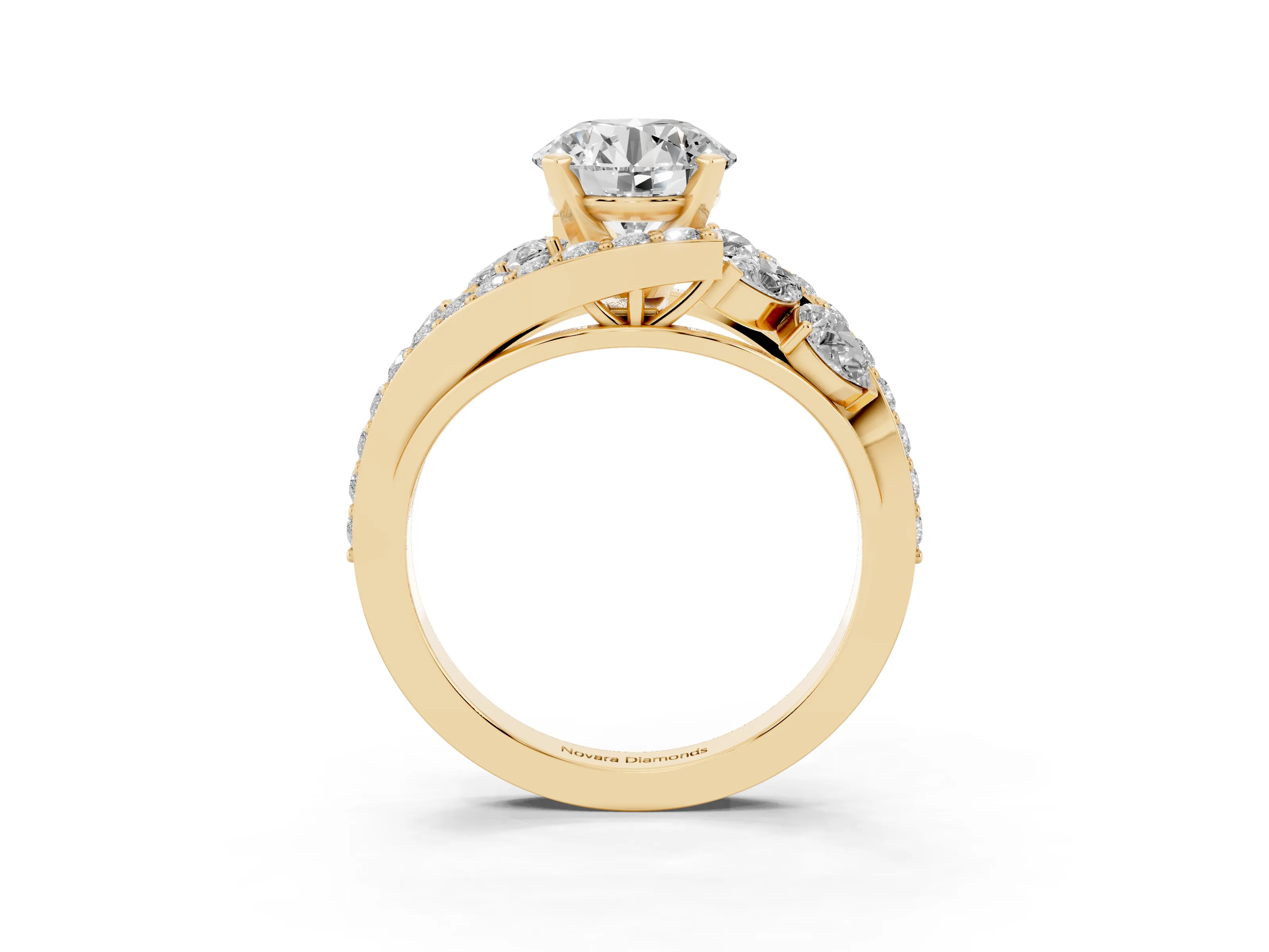 Round Cut Diamond Halo Ring Set in Yellow gold with Marquise and Pavé Band in Prong Setting