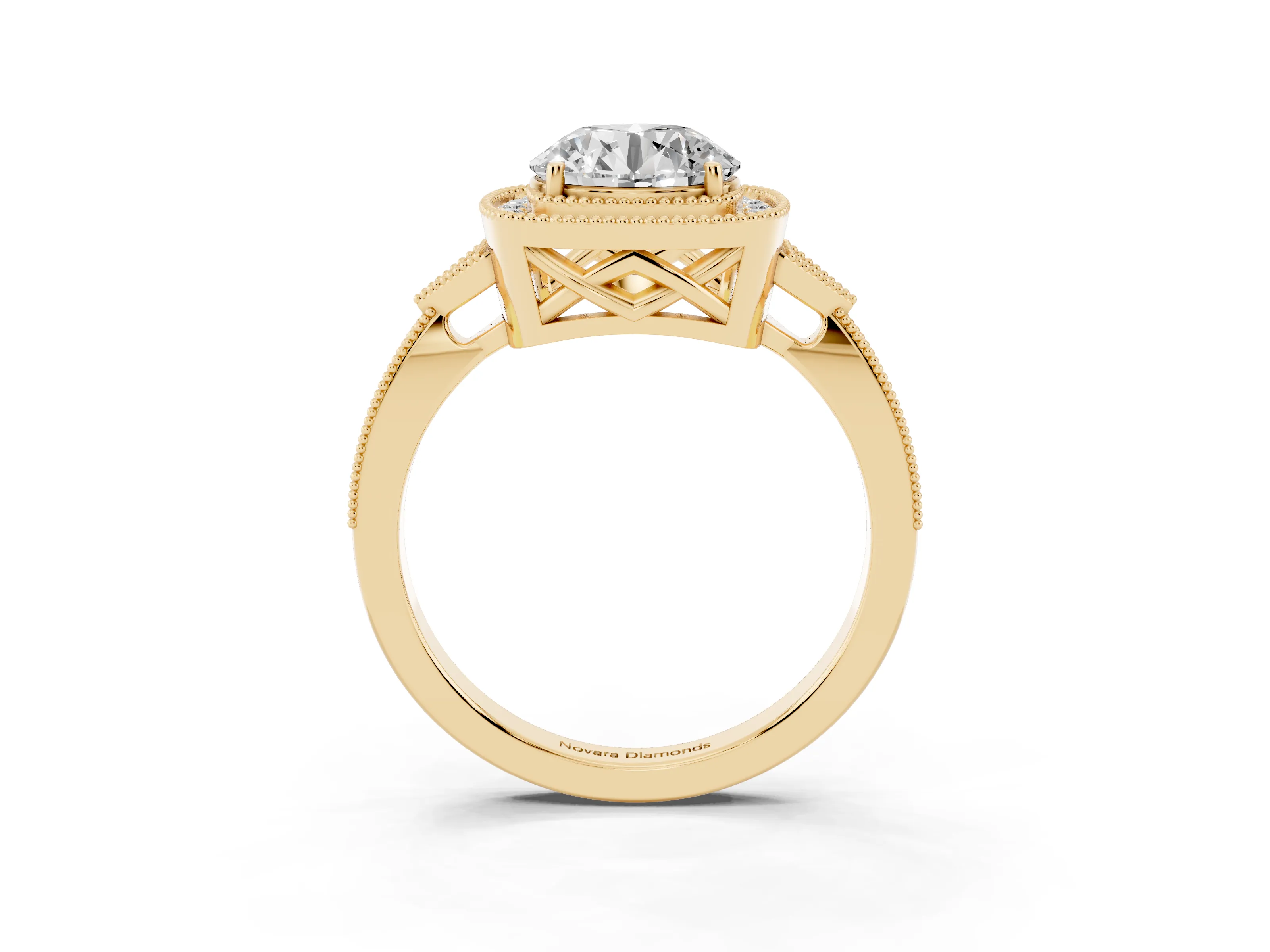 Round Cut Diamond Halo Engagement Ring Set in Yellow gold with Milgrain Pavé Band