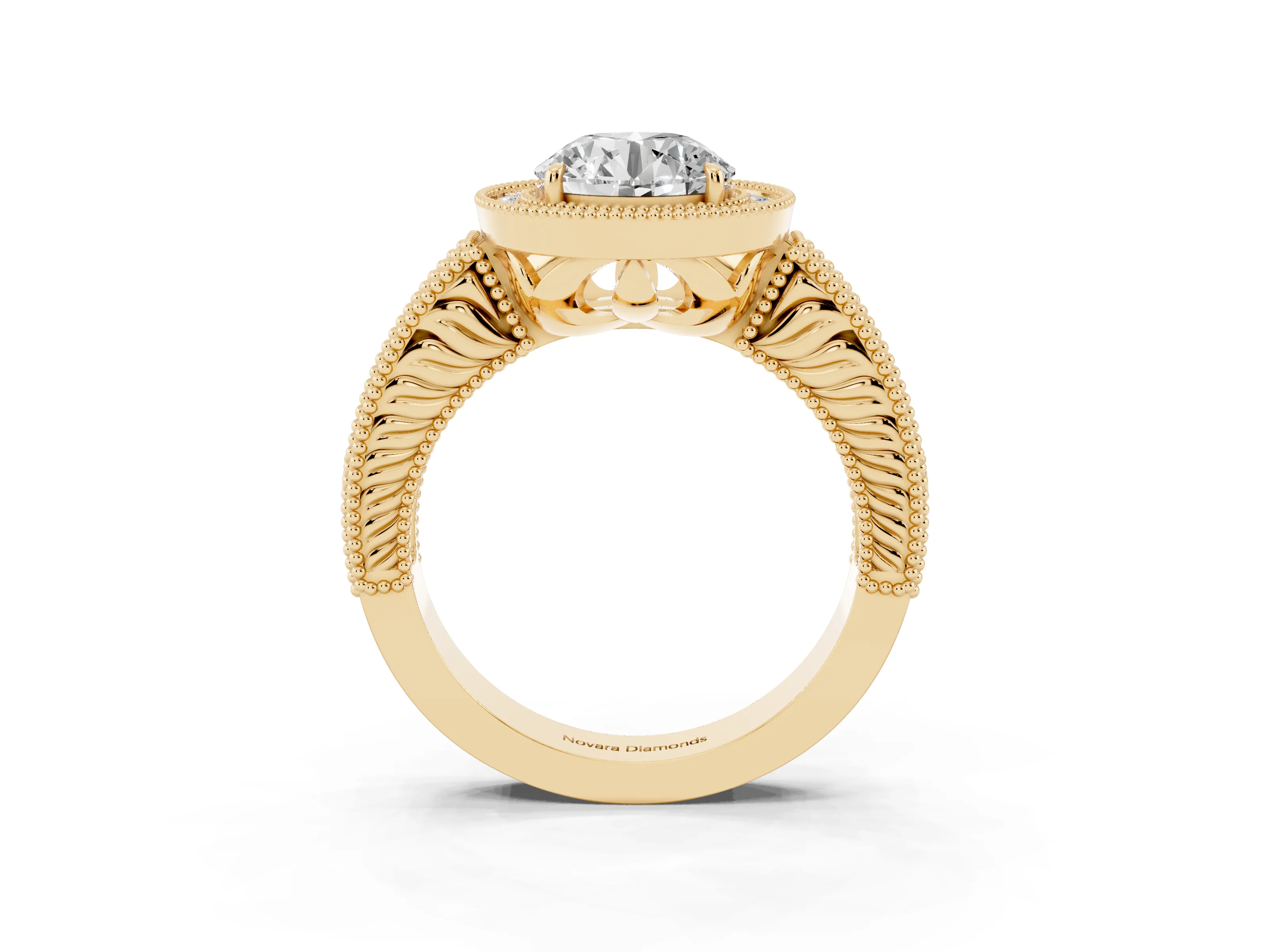 Round Cut Diamond Halo Ring Set in Yellow gold with Round Accent Halo, Pavé Band and Prong Setting